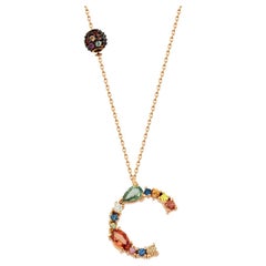 Rainbow Letter with Diamonds, Sapphires Necklace, C Initial Charm, Handmade Gift
