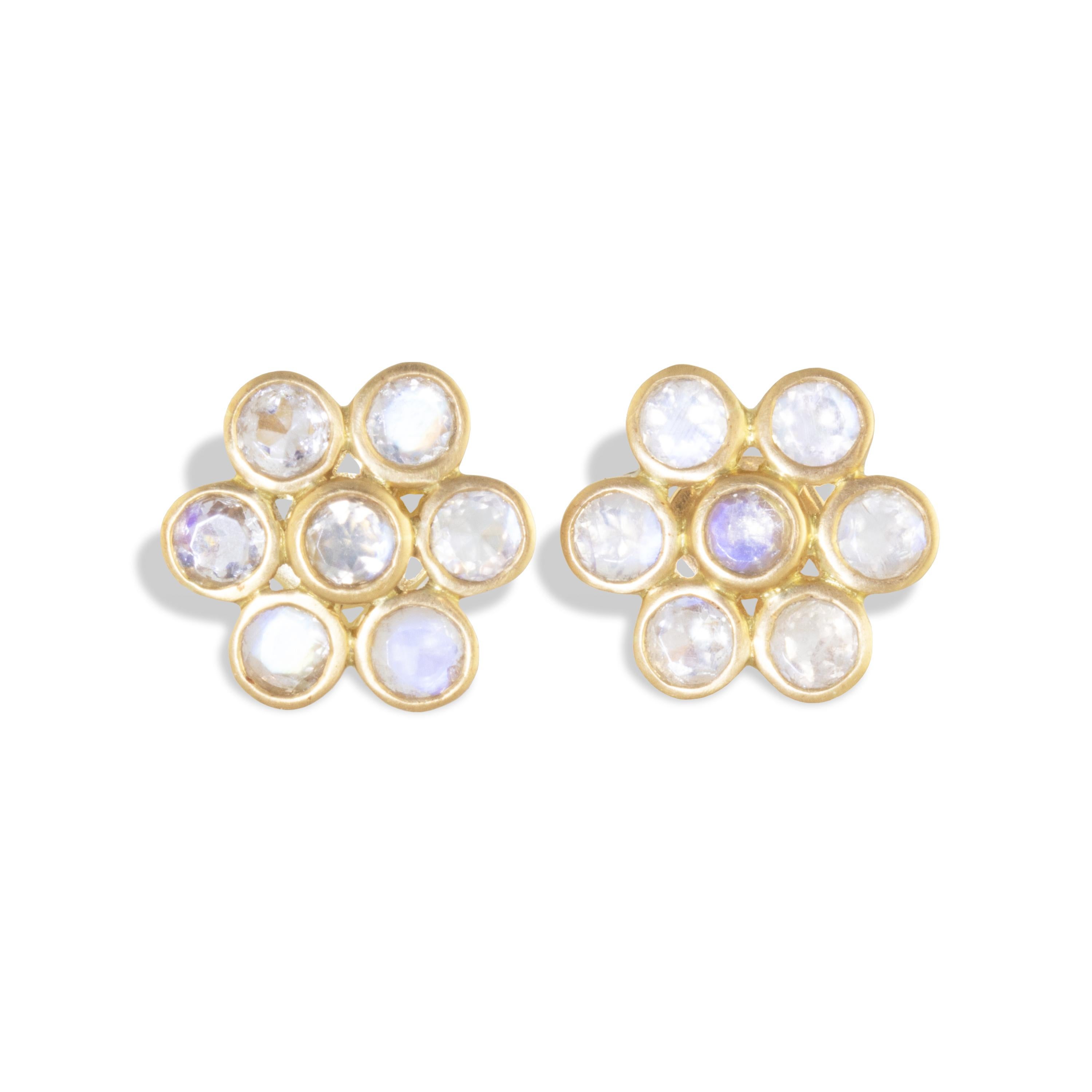 Mesmerizing with its 'glowing-from-within' shade of blue, these delicate stud earrings feature 2.48 carats of round, faceted Rainbow Moonstones set in 22k matte yellow gold.  

Moonstone is the sacred stone of India. According to other legends, 