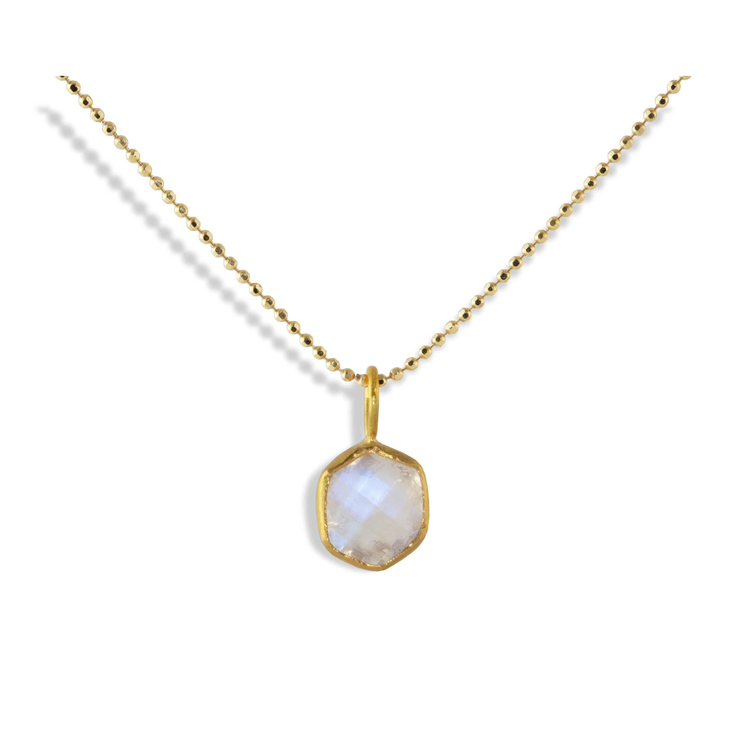 Rainbow Moonstone octagon Pendant set in 22k gold.  Rainbow Moonstone enhances intuition, promotes inspiration , success and good fortune in love and business matters.  
Moonstone is a checkerboard cut.  
One of a kind.

Gold Chain options are