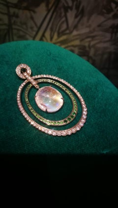 Rainbow Moonstone 8 Carat, Diamond Tsavorite, Pendant