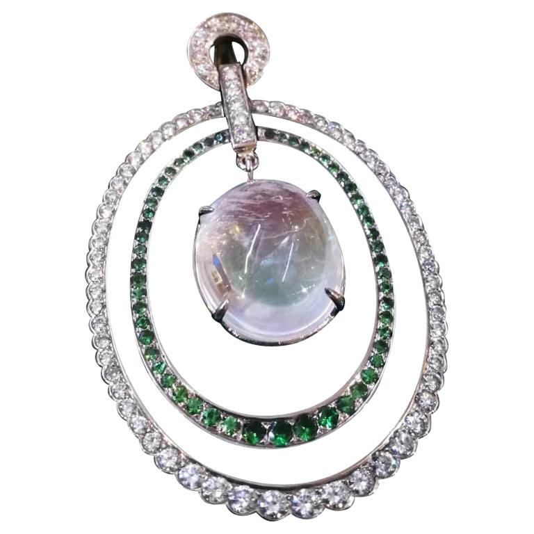 Rainbow Moonstone 8 Carat, Diamond Tsavorite, Pendant For Sale