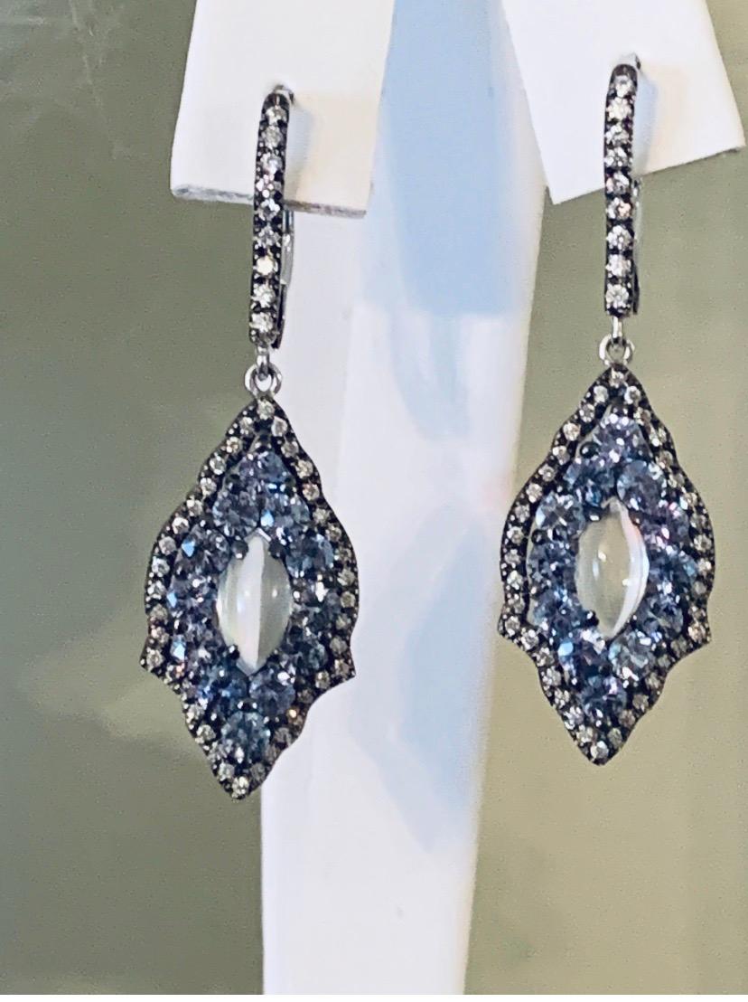 Contemporary Rainbow Moonstone and Denim Blue Sapphire Earrings in 18 Karat Gold Diamonds