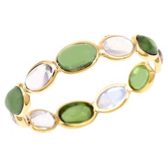 Rainbow Moonstone and Green Tourmaline Oval Cabochon Band, Yellow Gold