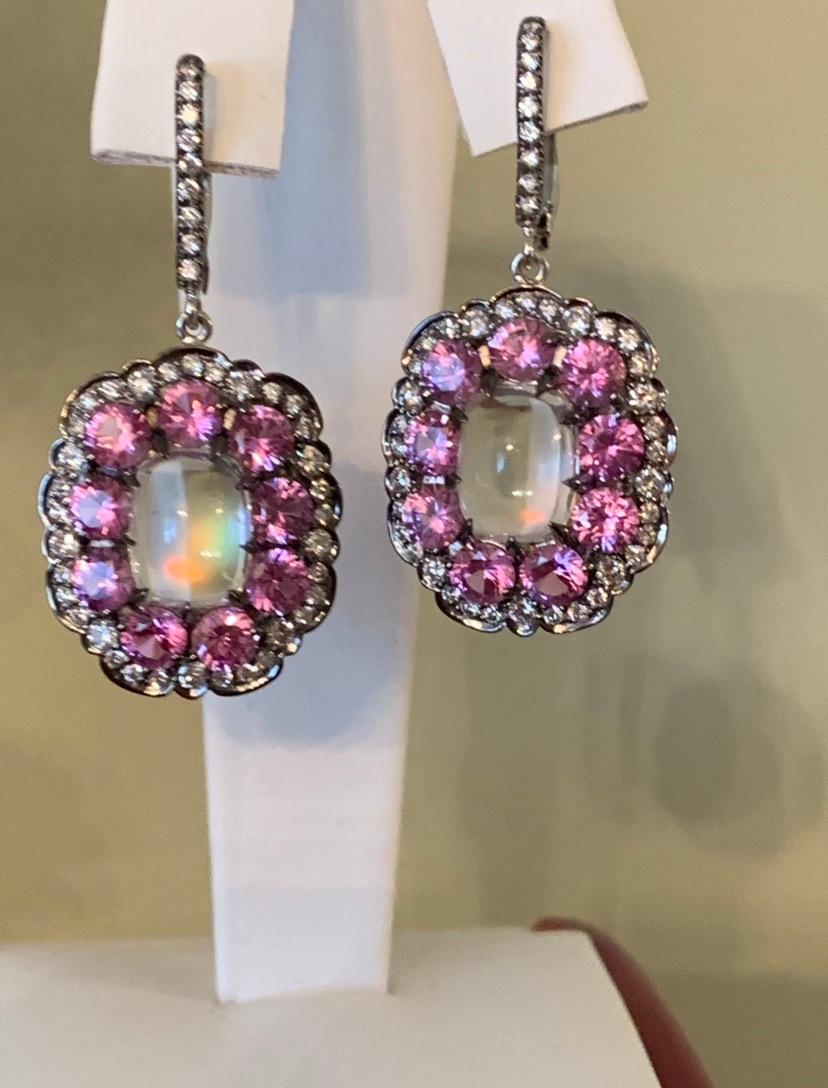 Rainbow Moonstone and Pink Sapphire Earrings with Diamond Accent In New Condition In Morristown, NJ