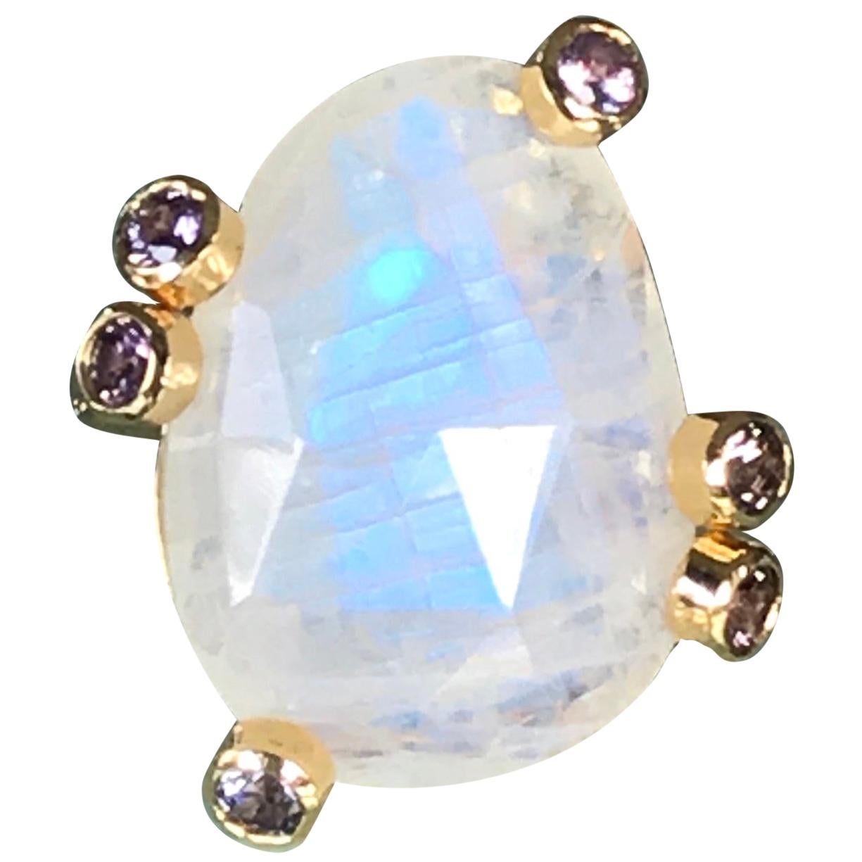 18 Karat Yellow Gold Fancy Rainbow Moonstone Spinel Solitaire Cocktail Ring