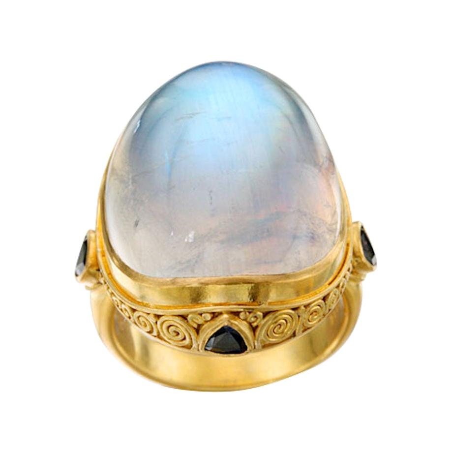 Steven Battelle Rainbow Moonstone Blue Sapphire Cocktail Ring 18k Gold