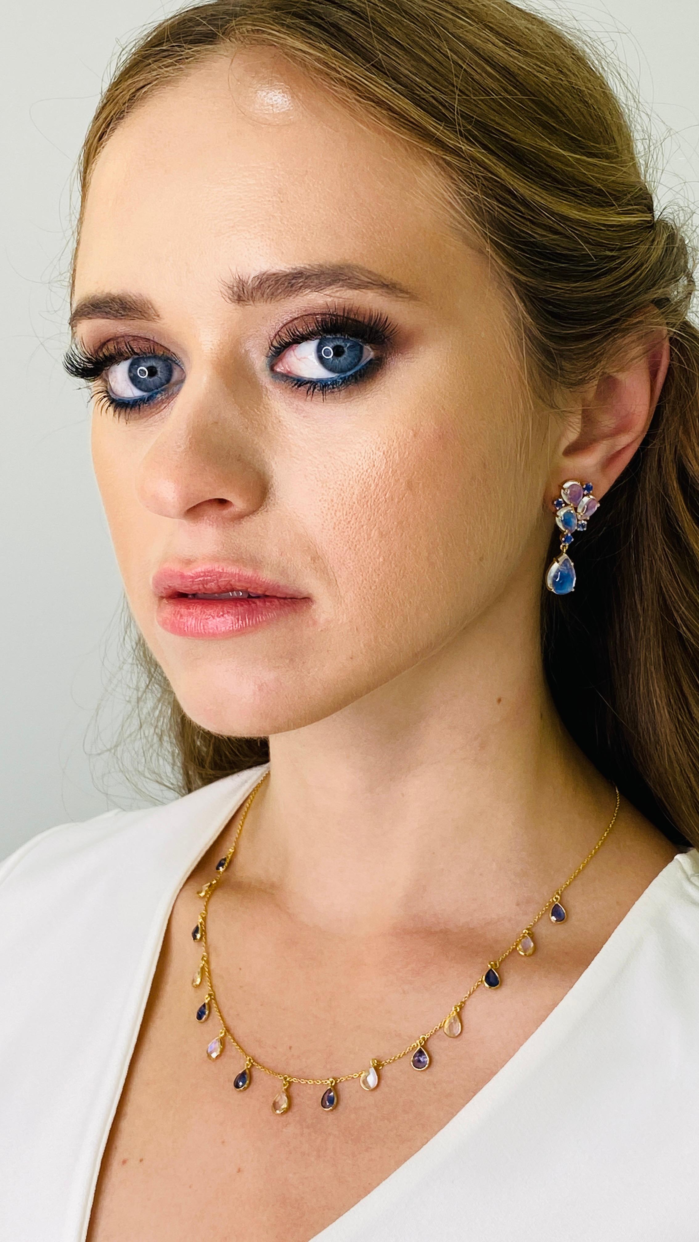 Contemporary Rainbow Moonstone & Blue Sapphire Earring In 18K Yellow Gold For Sale