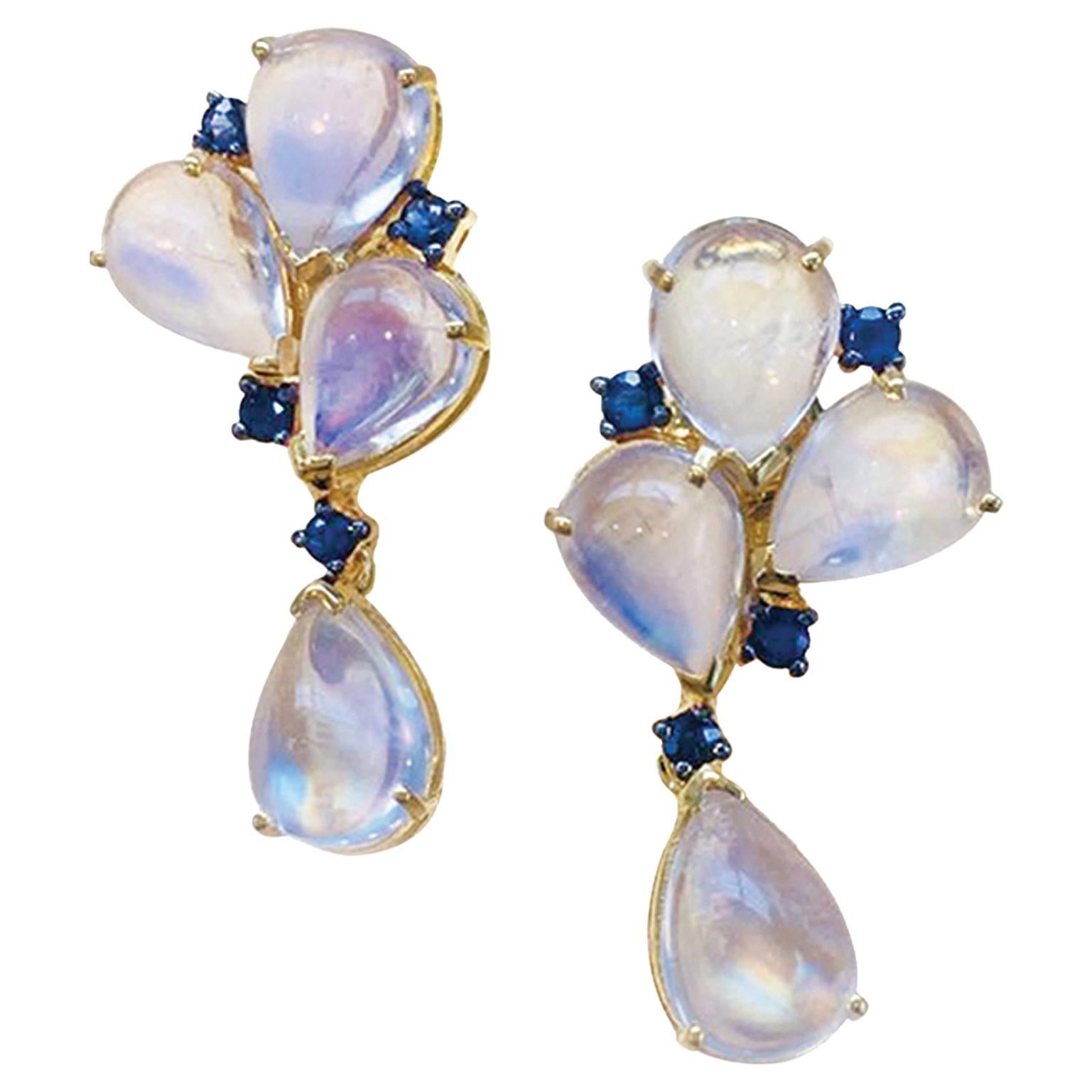 Rainbow Moonstone & Blue Sapphire Earring In 18K Yellow Gold For Sale