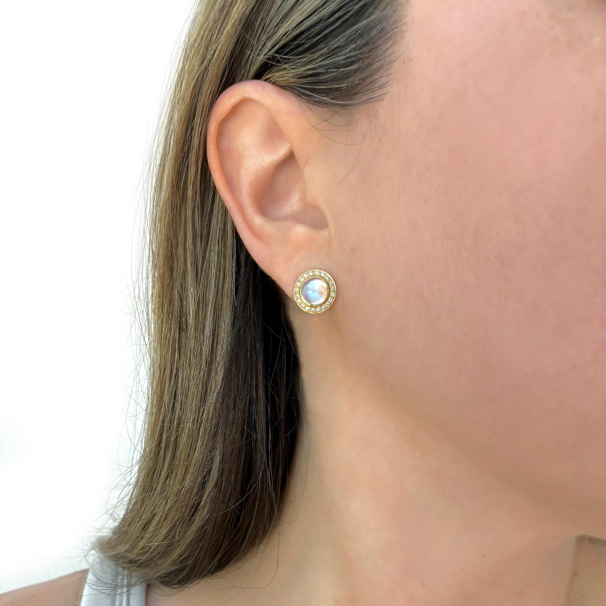 Artist Rainbow Moonstone Cabochon White Diamond Halo Gold Stud Earrings, Kothari 2024 For Sale