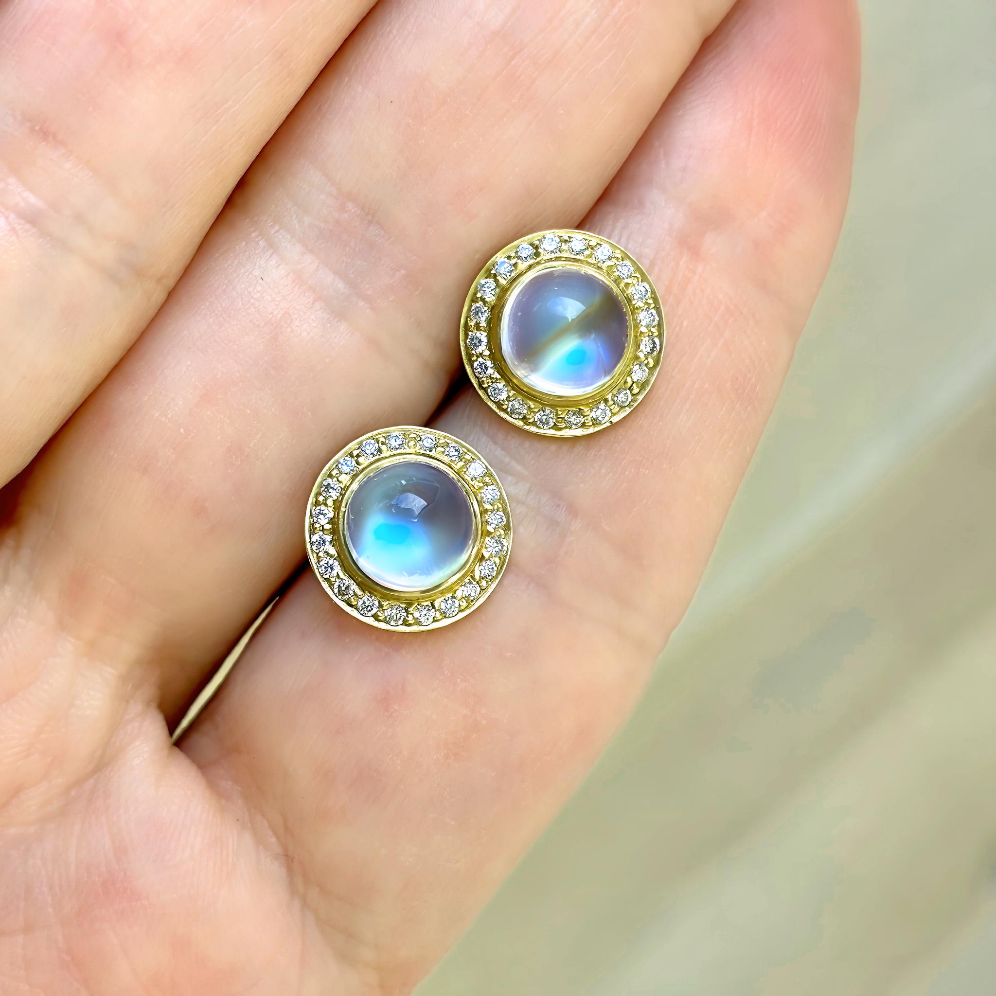 Rainbow Moonstone Cabochon White Diamond Halo Gold Stud Earrings, Kothari 2024 In New Condition For Sale In Dallas, TX
