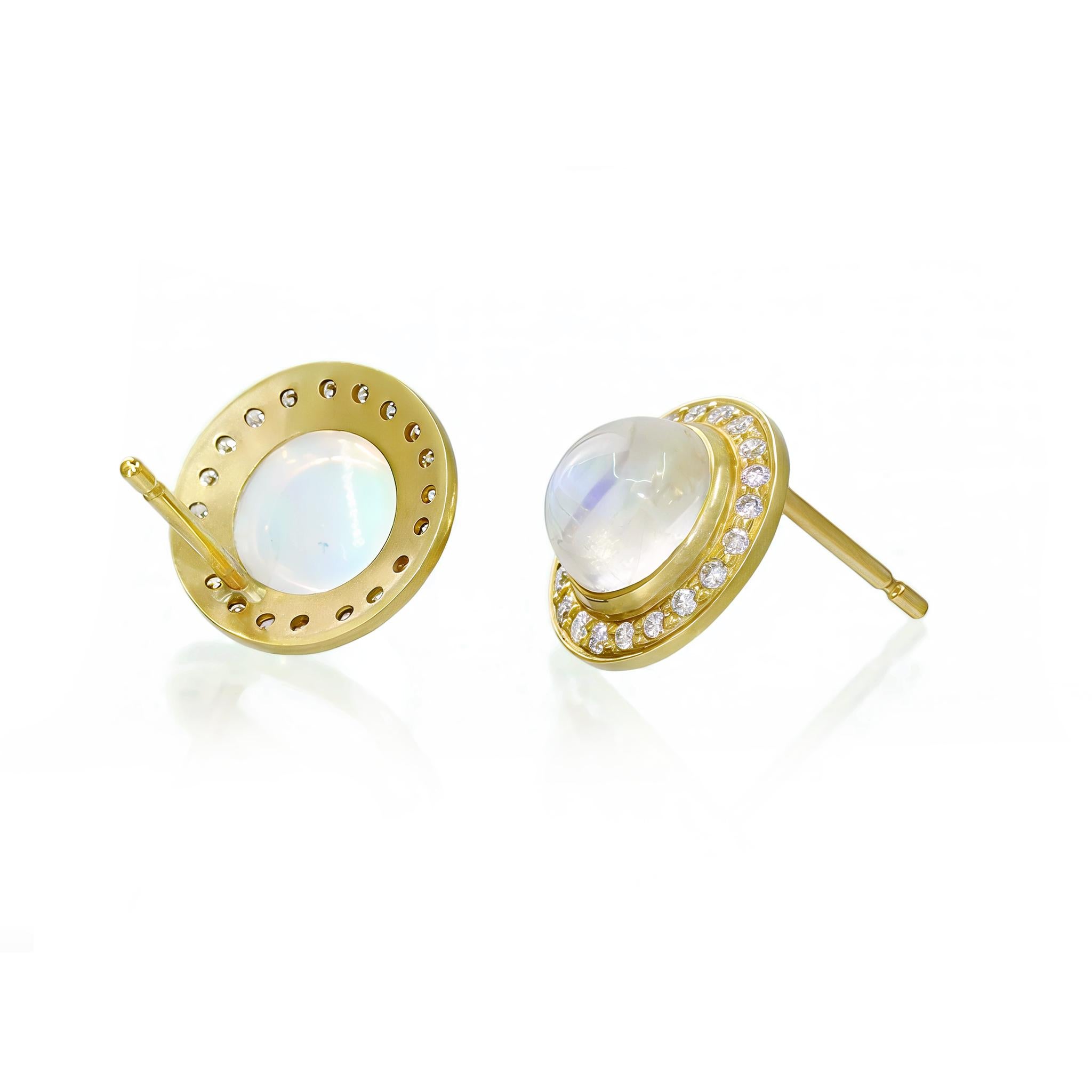 Rainbow Moonstone Cabochon White Diamond Halo Gold Stud Earrings, Kothari 2024 For Sale 2