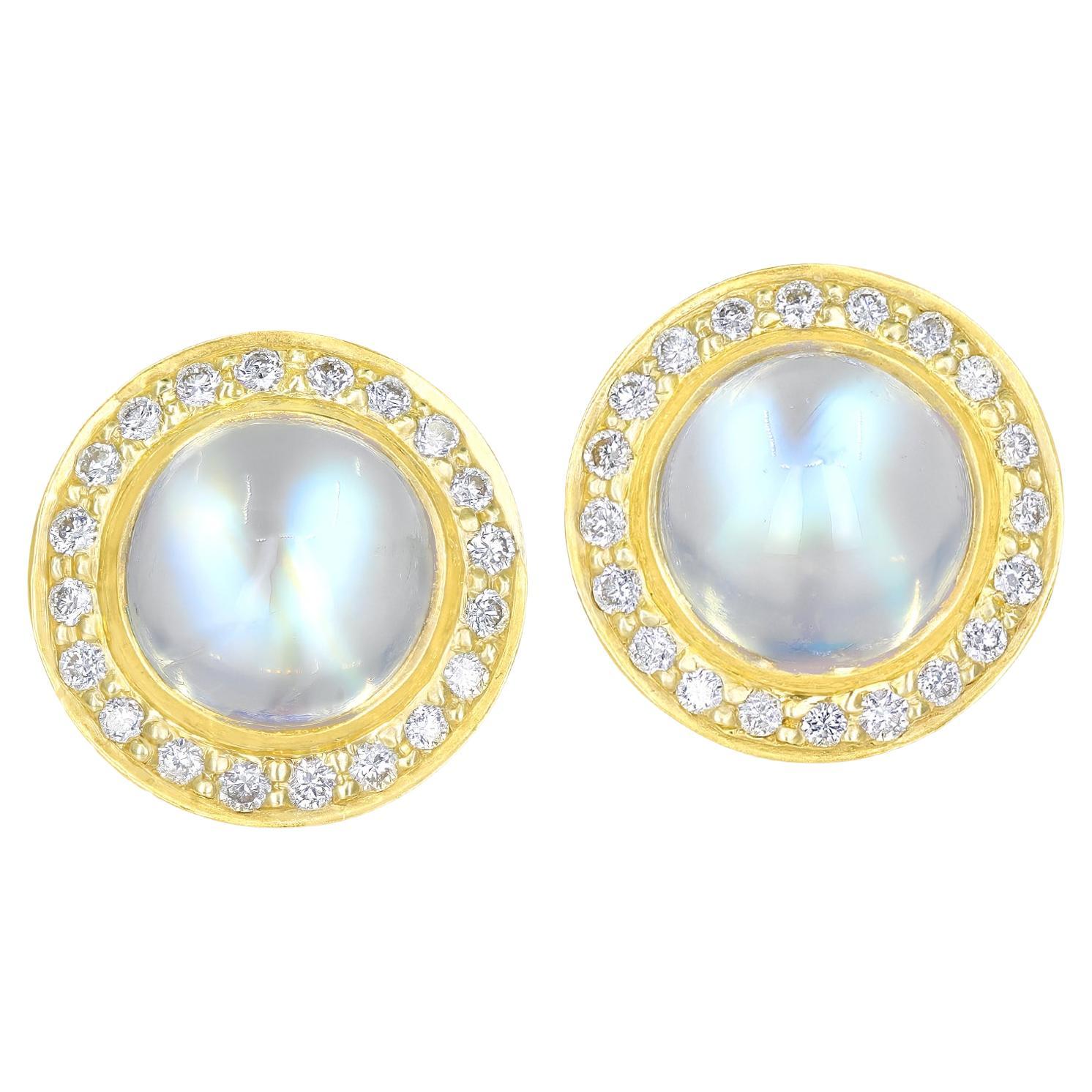 Rainbow Moonstone Cabochon White Diamond Halo Gold Stud Earrings, Kothari 2024