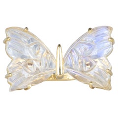 Rainbow Moonstone Carved Butterfly Wings 14K Yellow Gold Statement Ring
