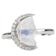 Rainbow Moonstone Carved Crescent Moon Face Diamond Halo 14K Gold Ring