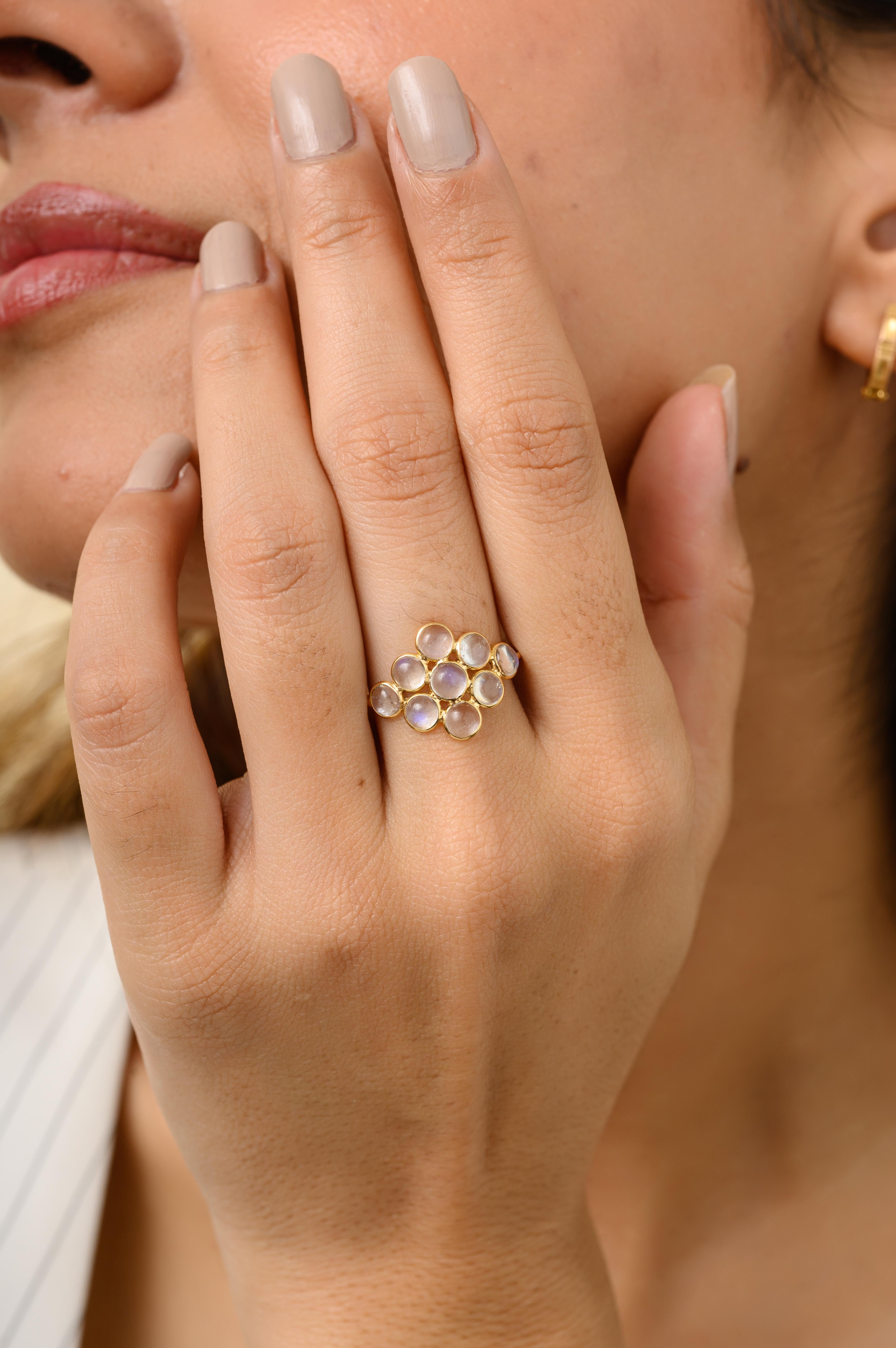For Sale:  Rainbow Moonstone Cluster Flower Ring in 18k Solid Yellow Gold 2