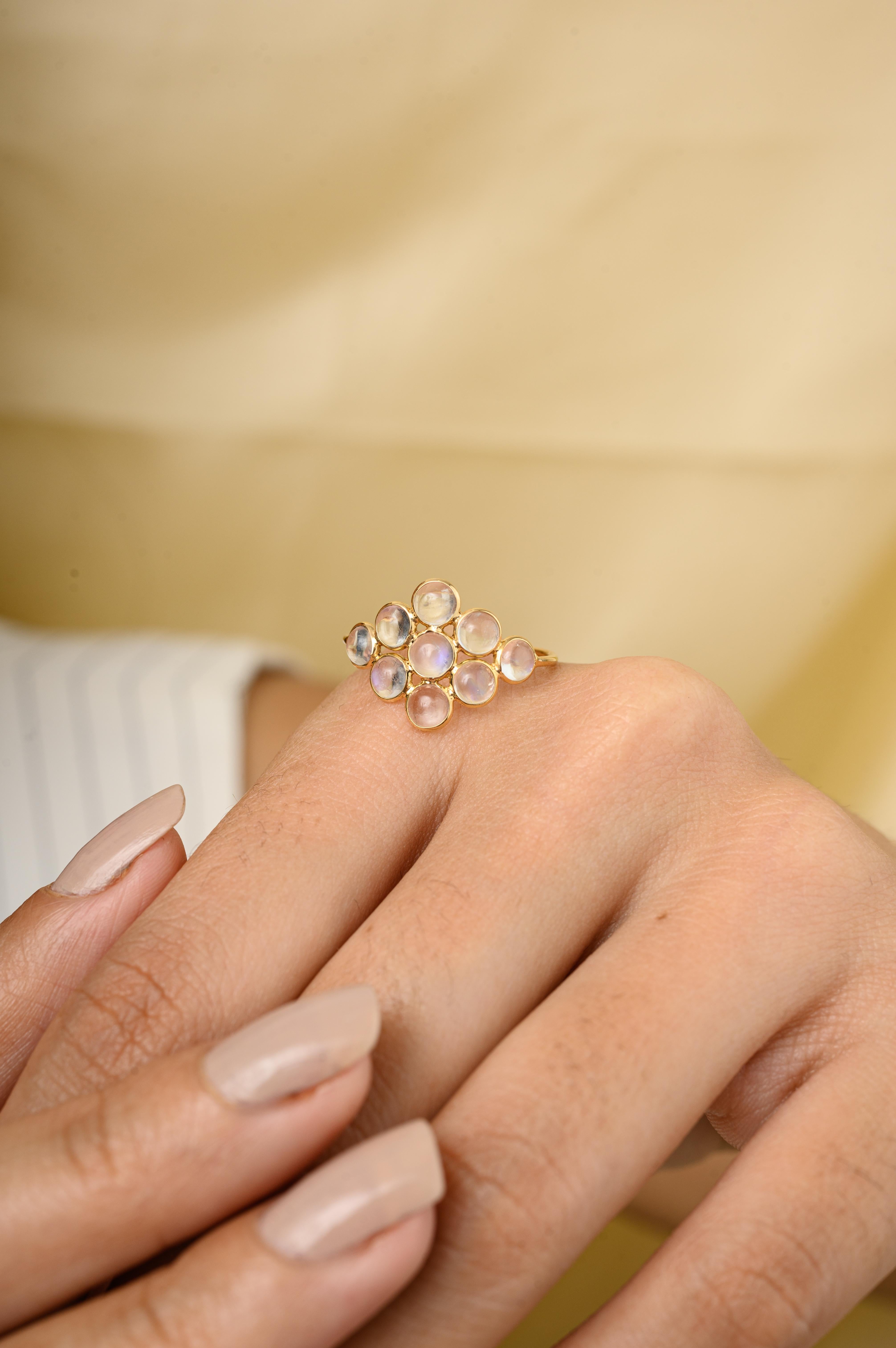 For Sale:  Rainbow Moonstone Cluster Flower Ring in 18k Solid Yellow Gold 4