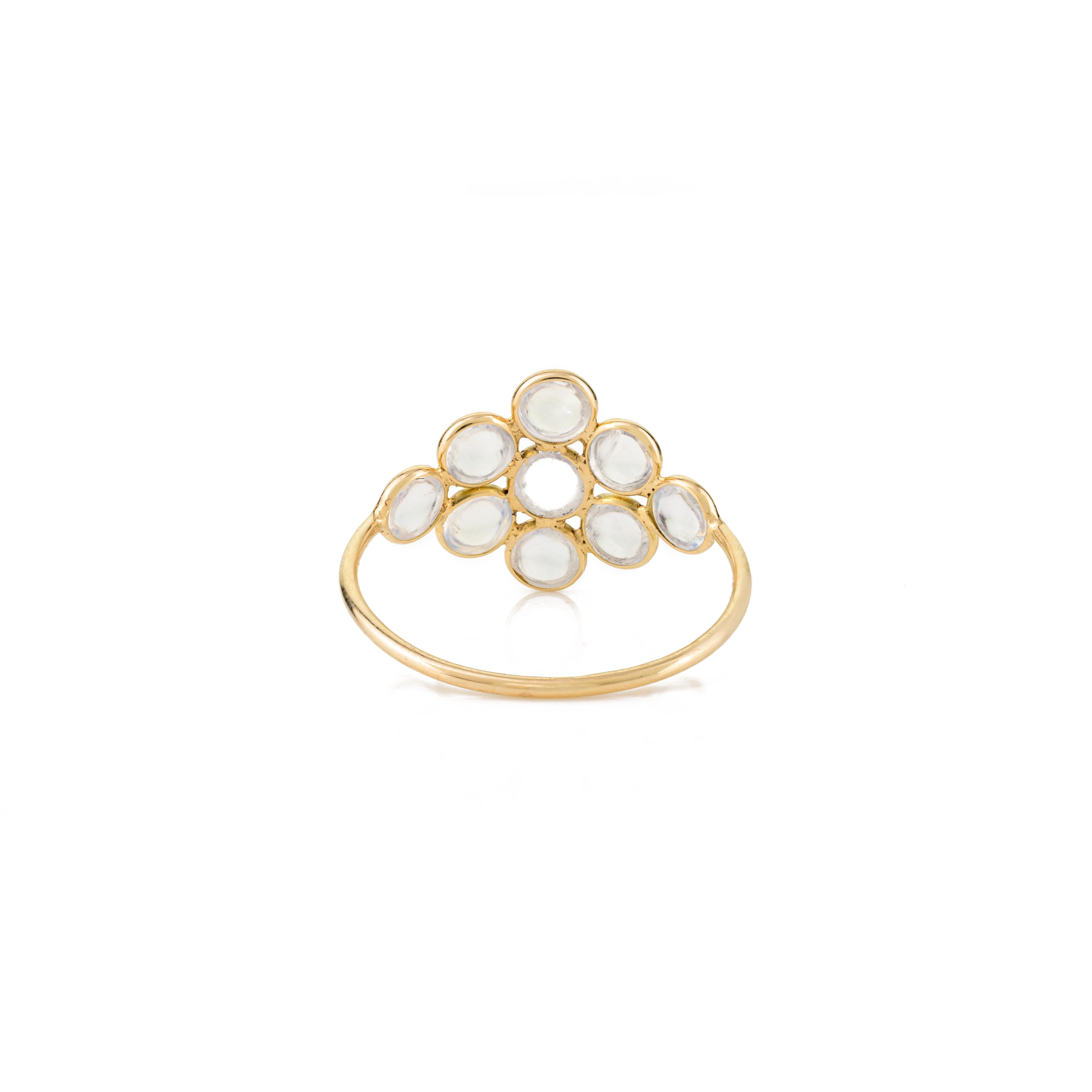 For Sale:  Rainbow Moonstone Cluster Flower Ring in 18k Solid Yellow Gold 7