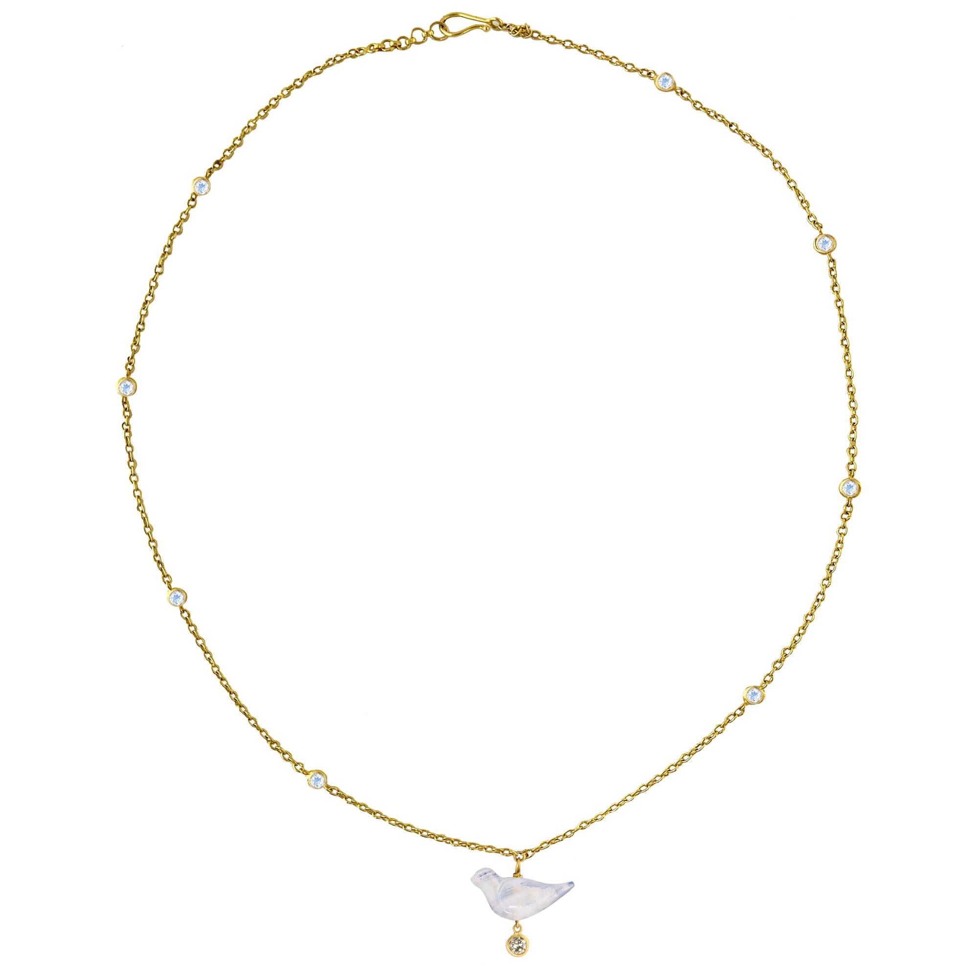 Ico & the Bird Rainbow Moonstone Diamond Bird 22 Karat Gold Necklace