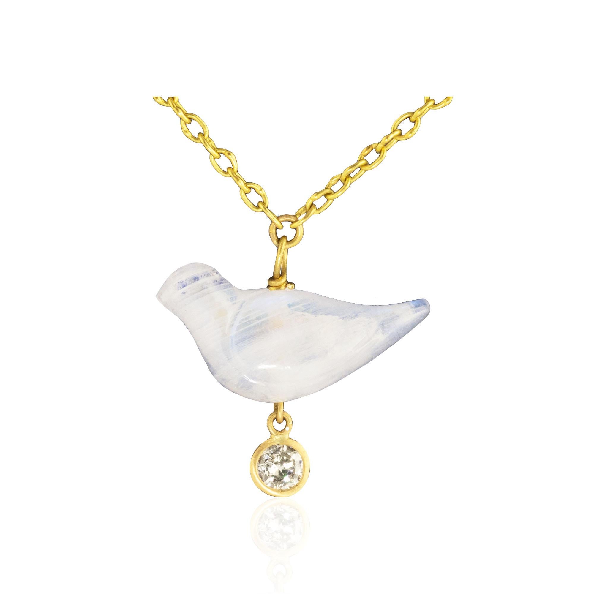 Contemporary Ico & the Bird Rainbow Moonstone Diamond Bird 22 Karat Gold Necklace For Sale