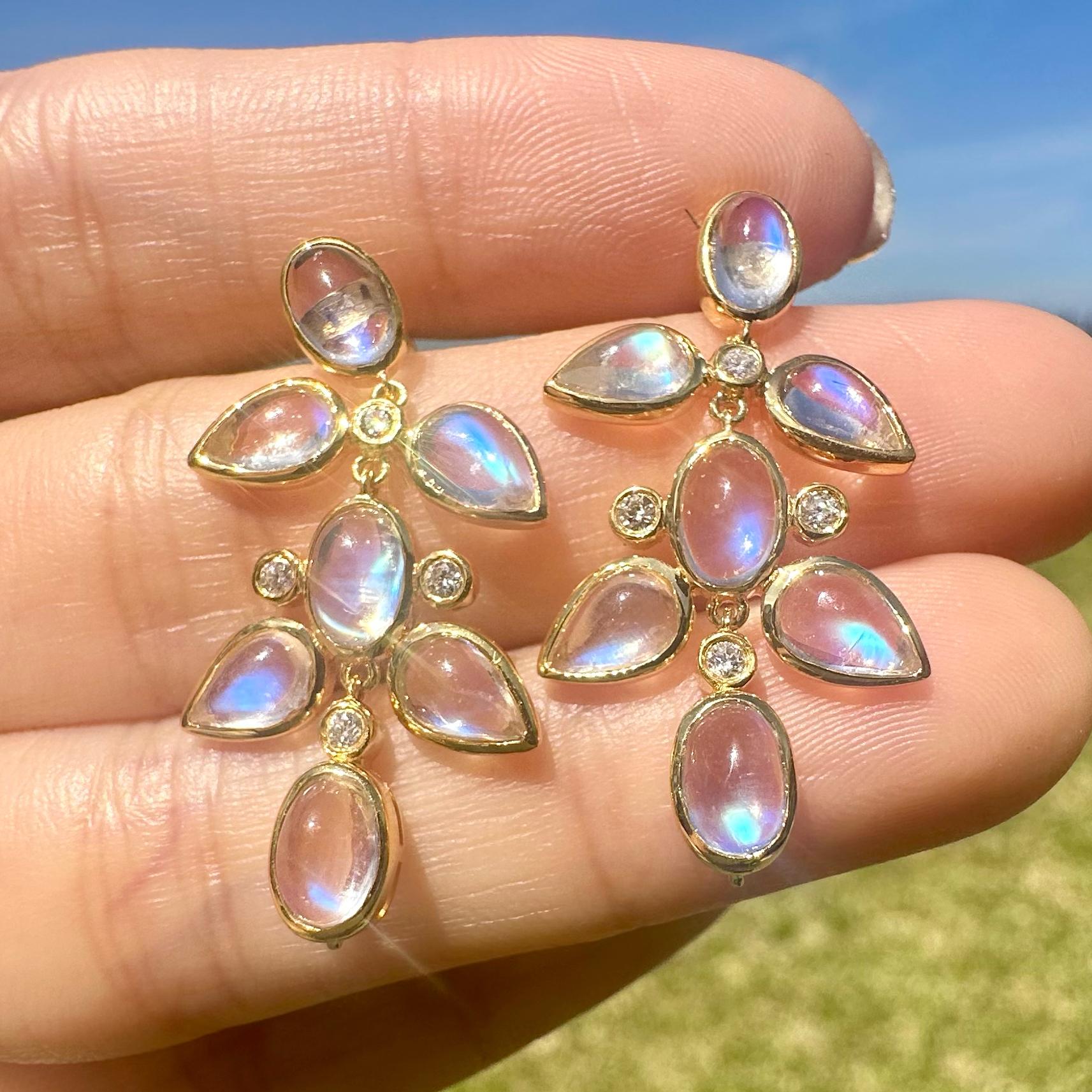 Rainbow Moonstone Diamond Chandelier Drop Earrings In New Condition For Sale In Rowland Heights, CA