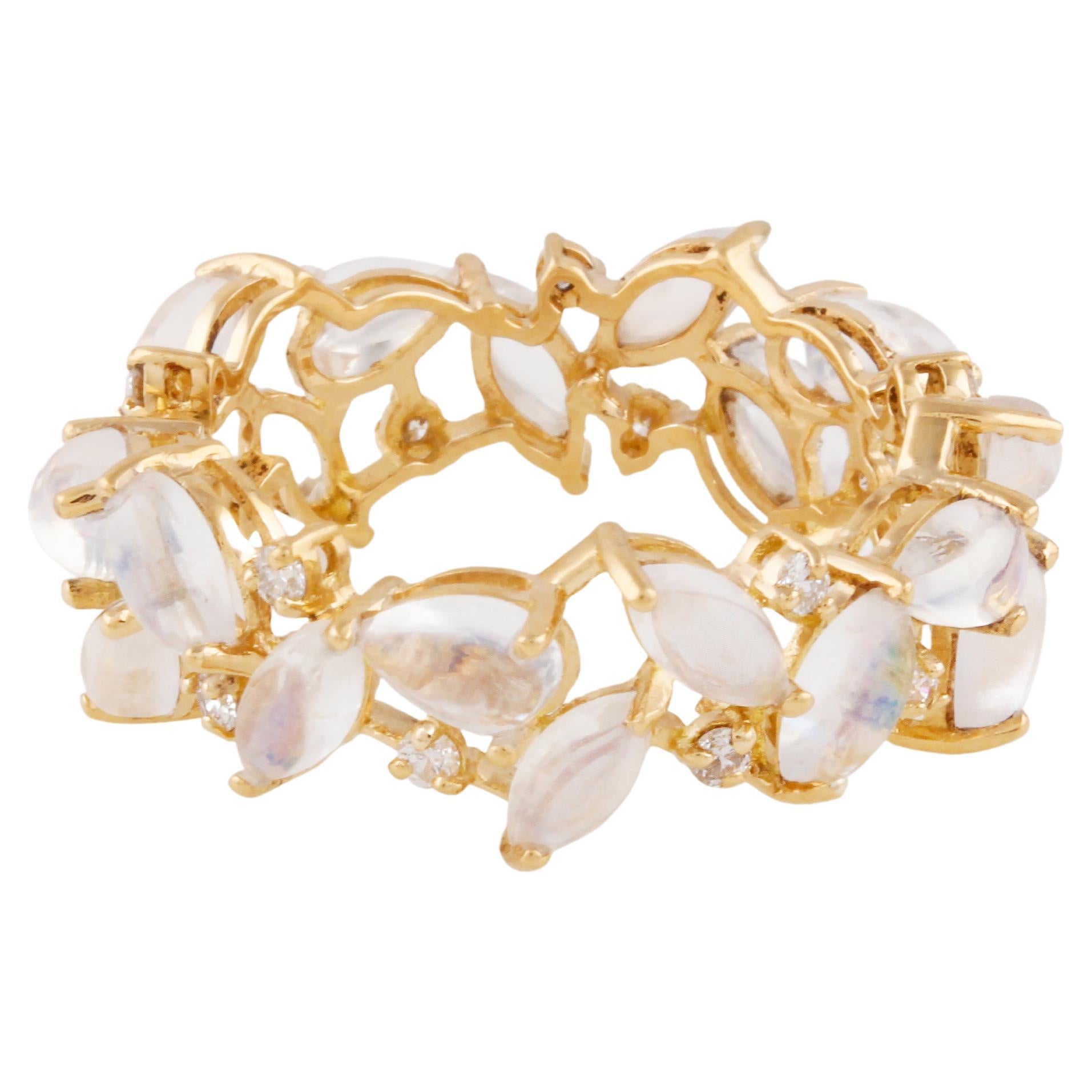 Rainbow Moonstone & Diamond Ring In 18K Yellow Gold