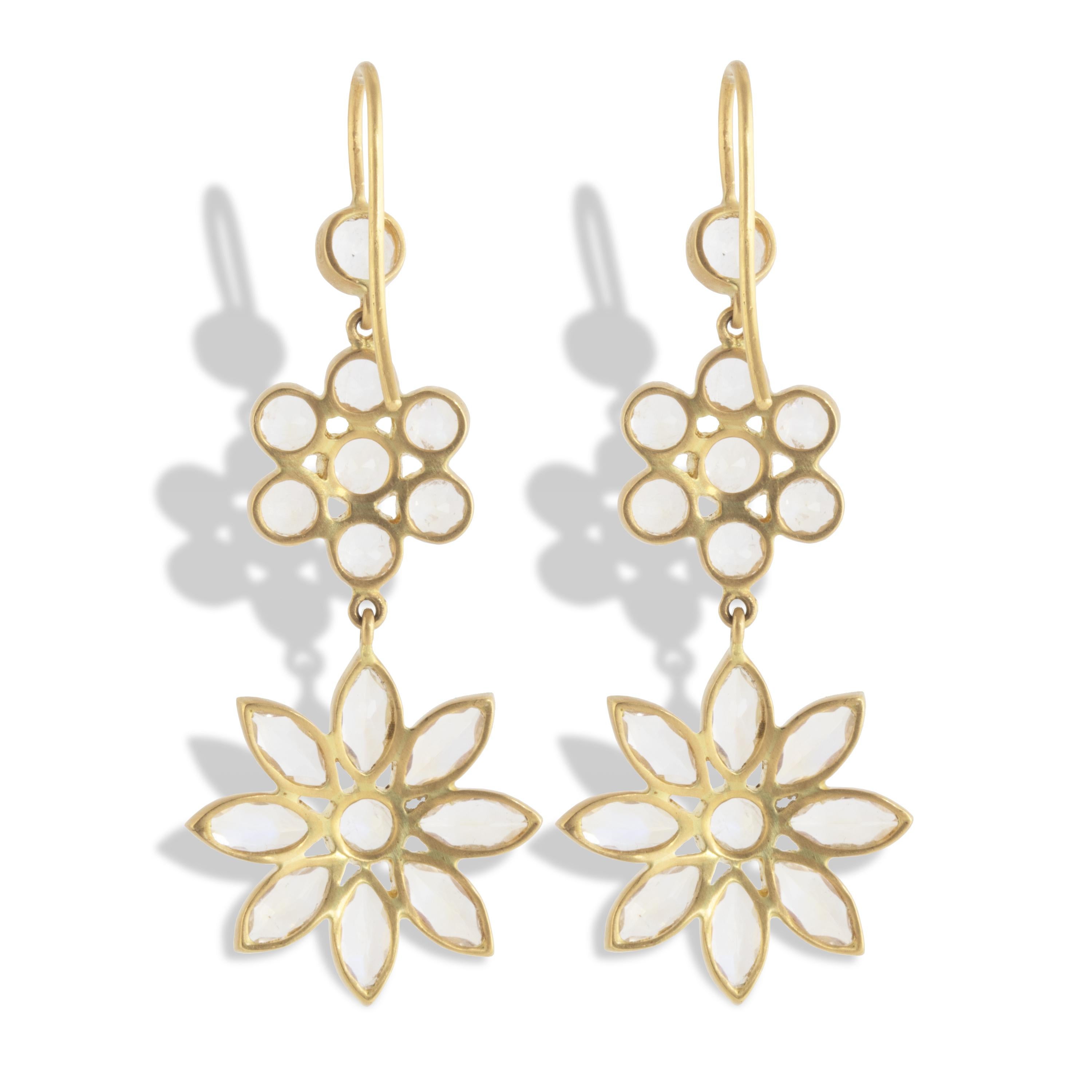 Contemporary Ico & the Bird Fine Jewelry 7.43 carat Moonstone Double Flower Gold Earrings  For Sale