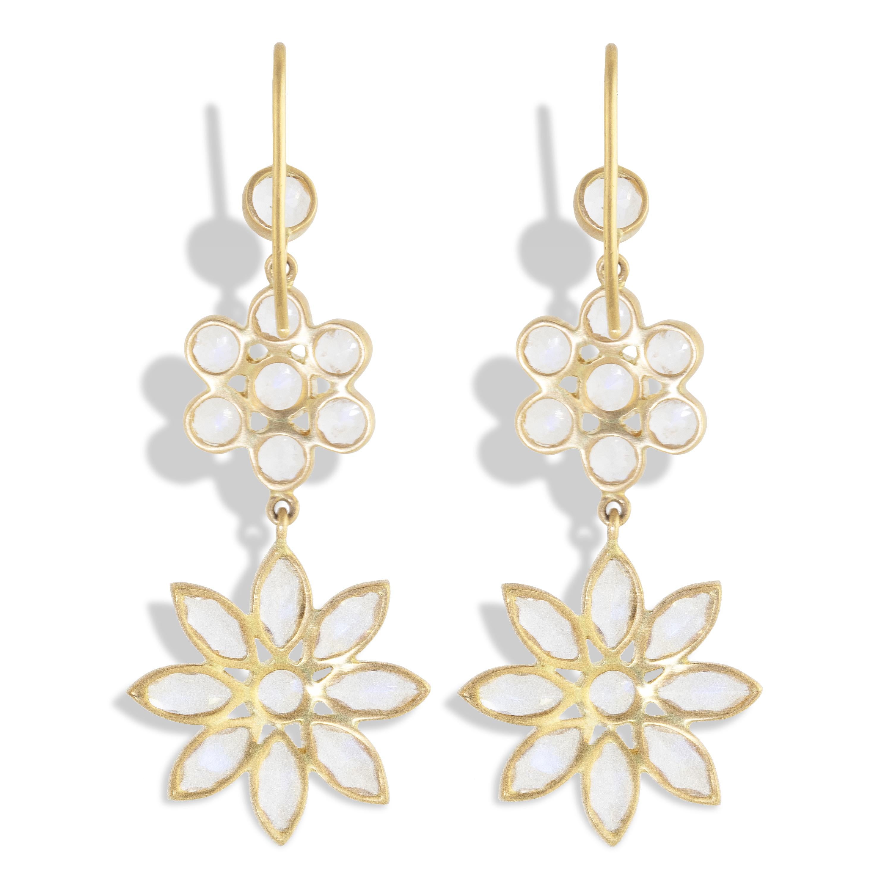 Brilliant Cut Ico & the Bird Fine Jewelry 7.43 carat Moonstone Double Flower Gold Earrings  For Sale