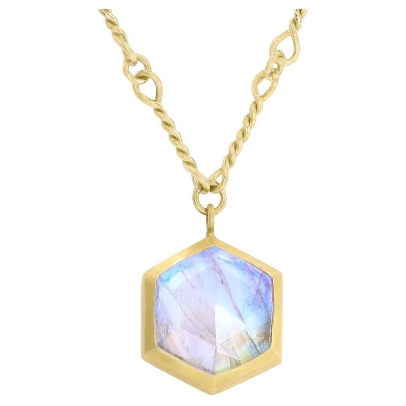 Rainbow Moonstone Faceted Hexagon Yellow Gold Links Necklace, Talkative, 2022