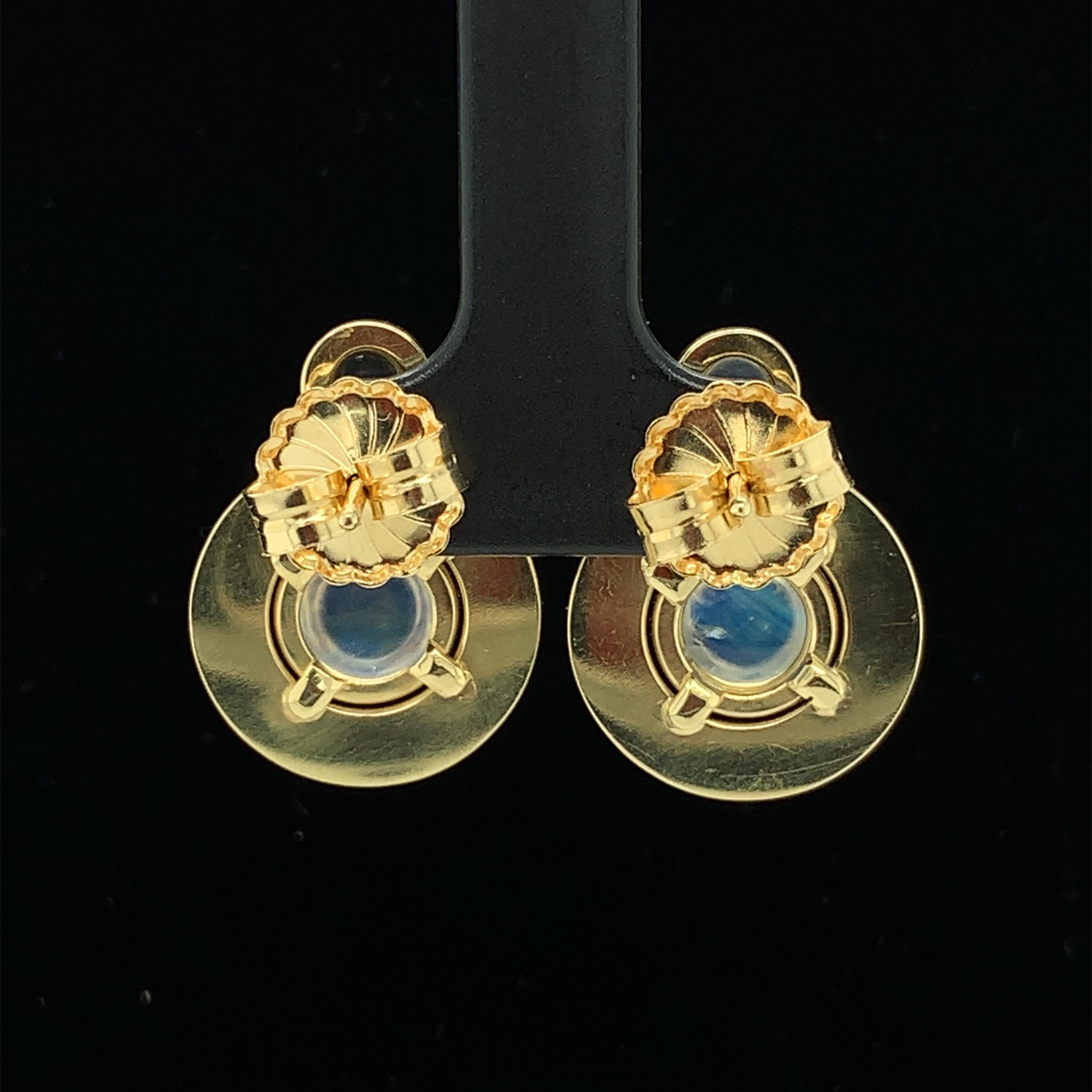 Rainbow Moonstone Handmade Yellow Gold Engraved Bezel Round Drop Post Earrings 5