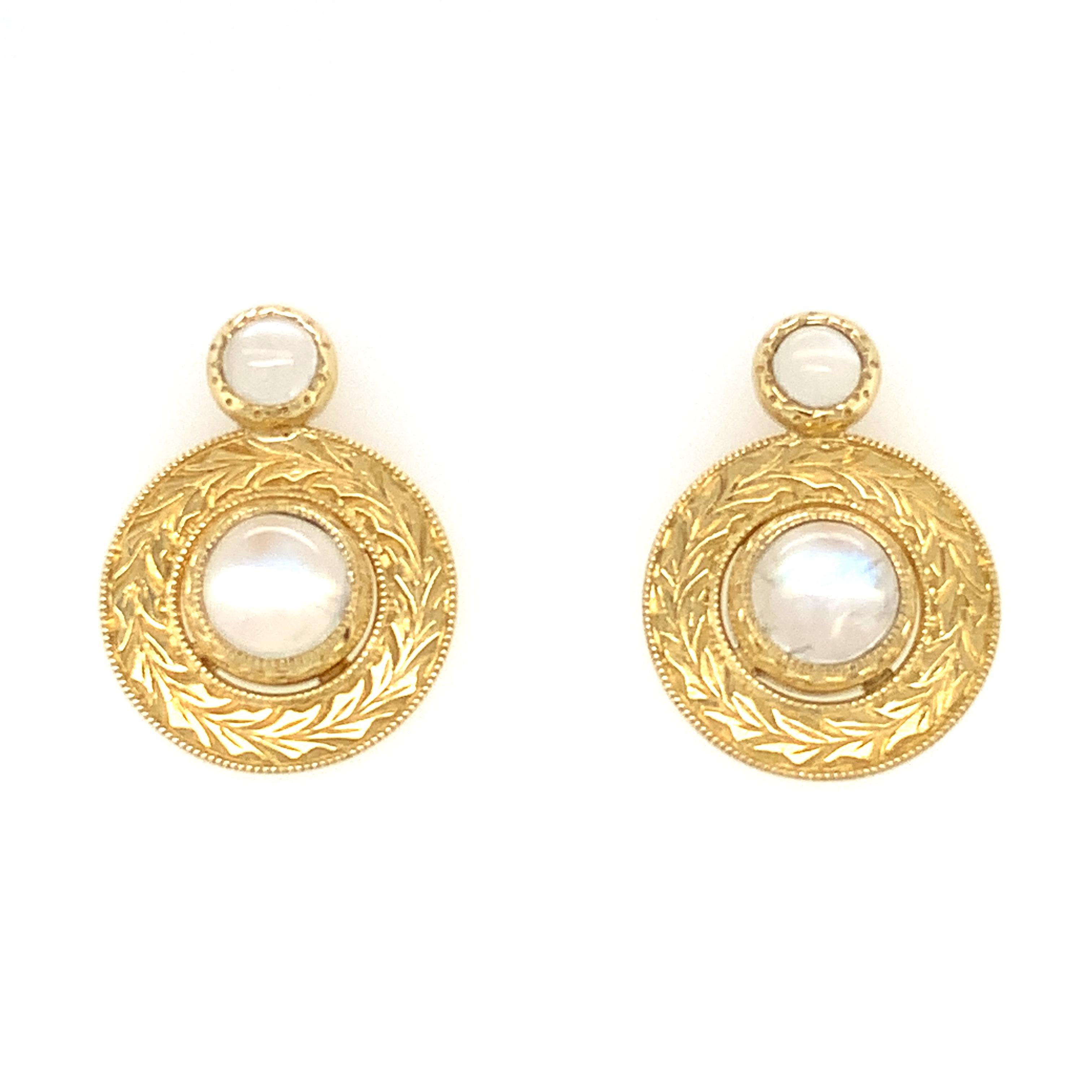 Rainbow Moonstone Handmade Yellow Gold Engraved Bezel Round Drop Post Earrings In New Condition In Los Angeles, CA