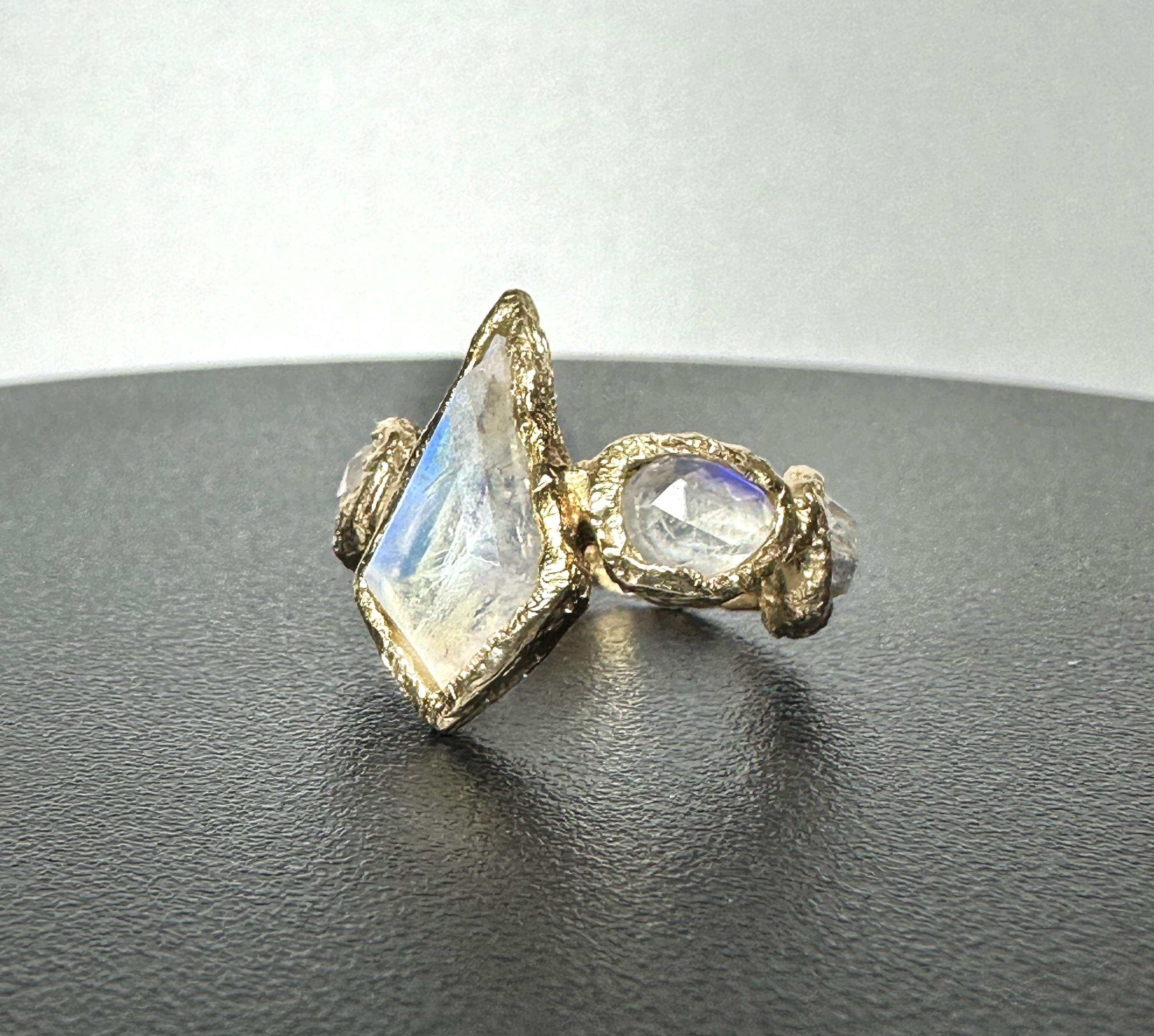 Modern Rainbow Moonstone Kite handmade Ring in Gold one of a kind and in stock