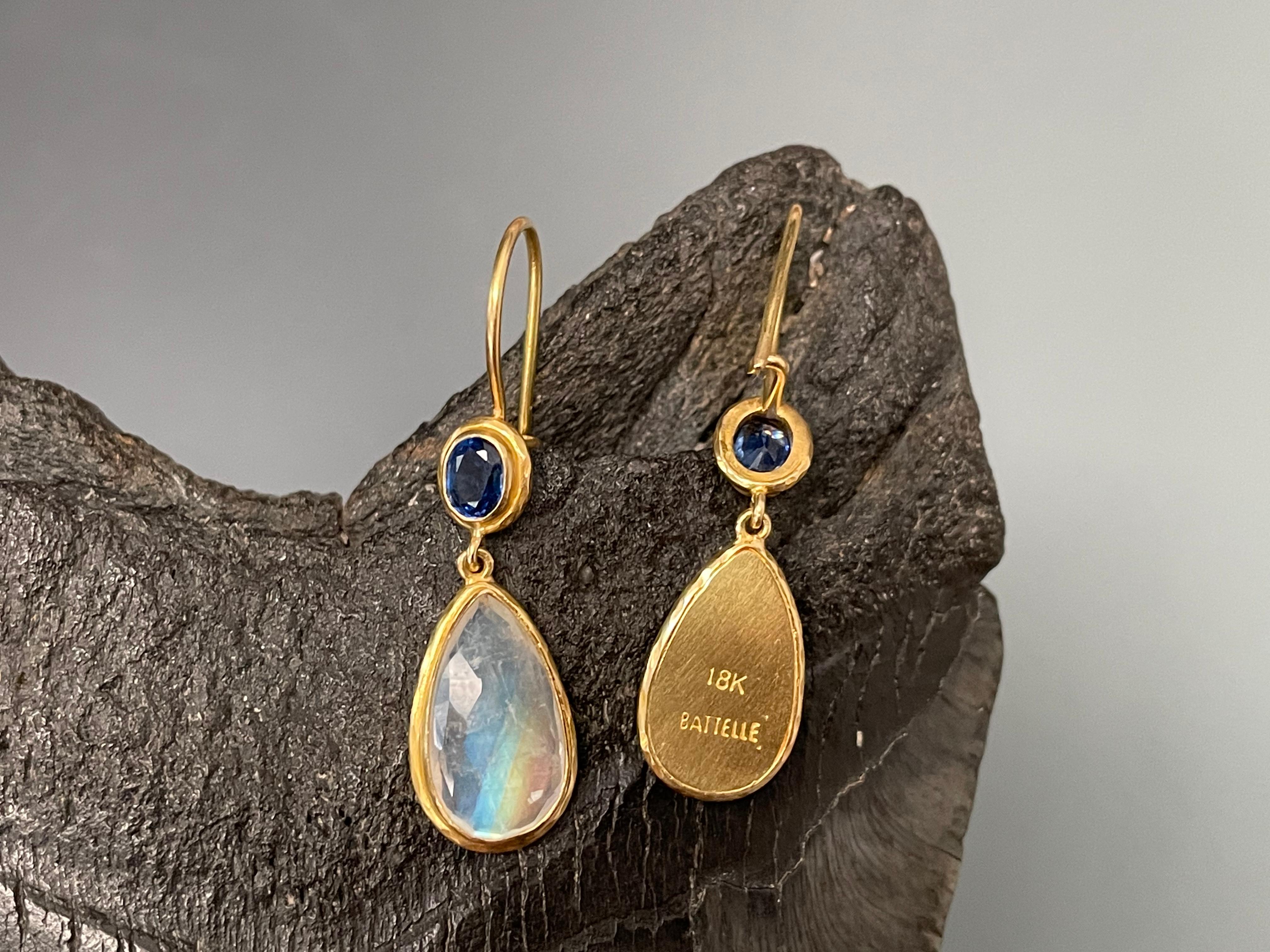 Modern Rainbow Moonstone Kyanite 18K Wires Drop Earrings For Sale
