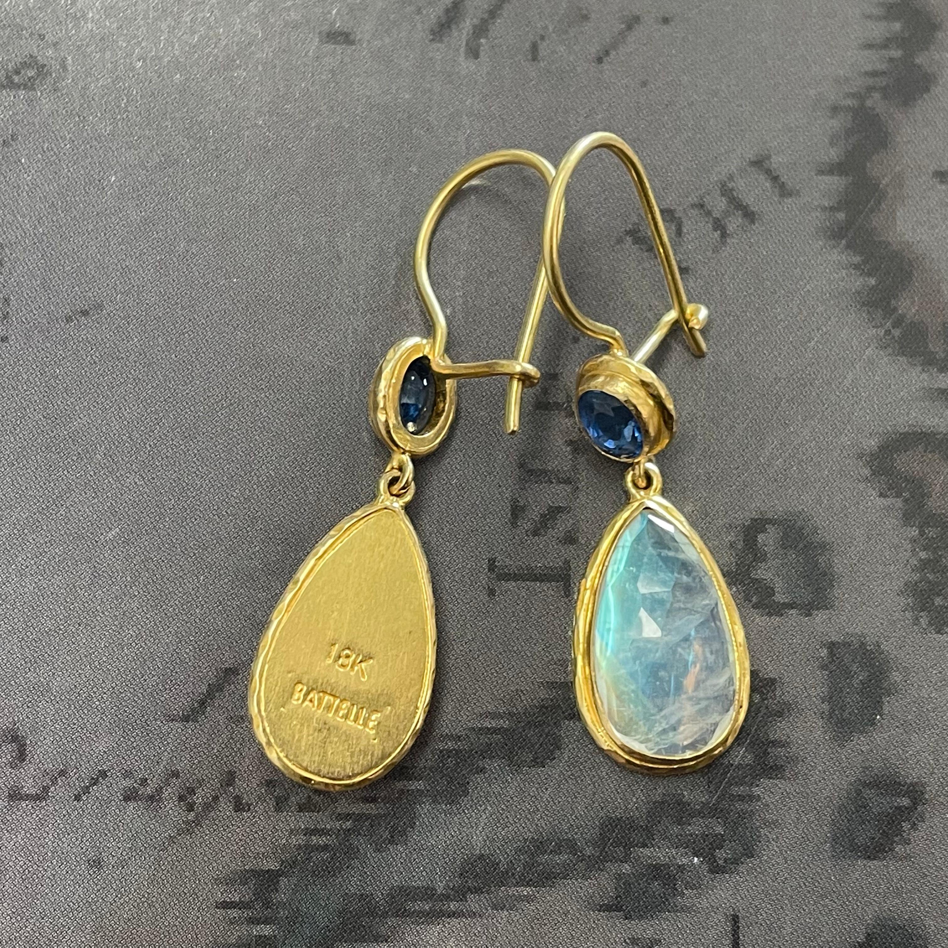 Rainbow Moonstone Kyanite 18K Wires Drop Earrings In New Condition For Sale In Soquel, CA