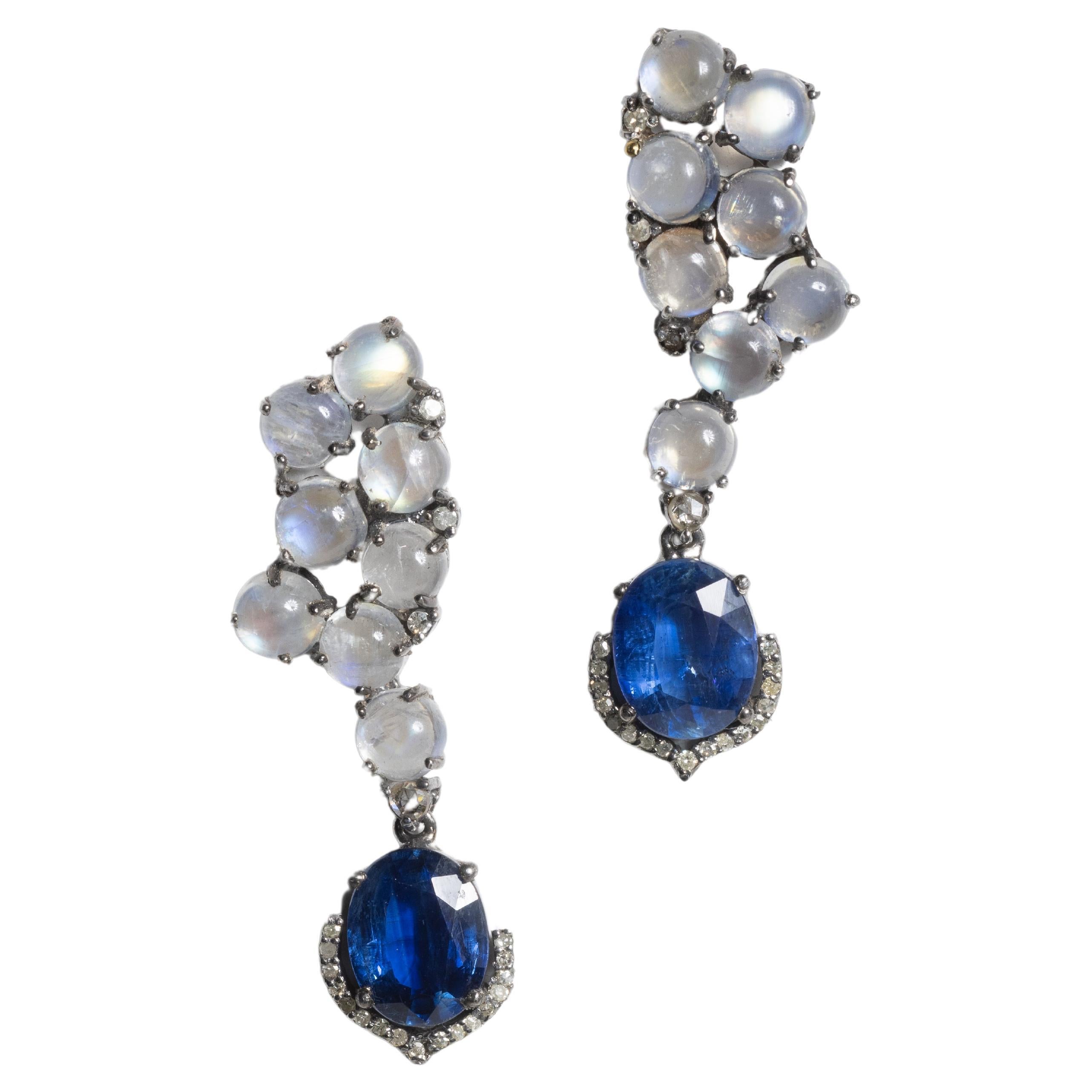 Rainbow Moonstone, Kyanite and Diamond Drop Earrings
