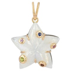 Rainbow Moonstone Multi Sapphire Gems Solid 14k Yellow Gold Jewelry Star Pendant