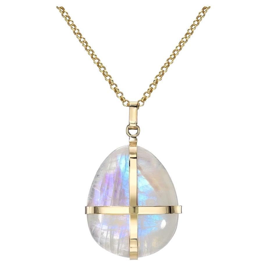Rainbow Moonstone Necklace Crafted in 14K Yellow Gold For Sale