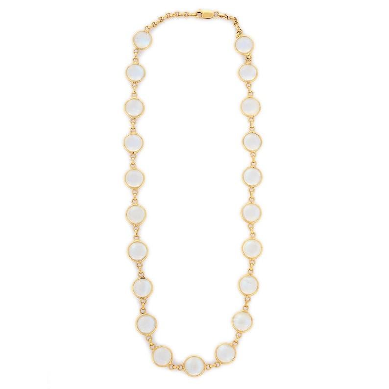 Moonstone Necklace in 18K Gold studded with round cut moonstone pieces.
Accessorize your look with this elegant moonstone beaded necklace. This stunning piece of jewelry instantly elevates a casual look or dressy outfit. Comfortable and easy to