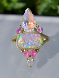 Rainbow Moonstone & Opal Ring with Opalescent Sapphire, Diamond, 14k Yellow Gold