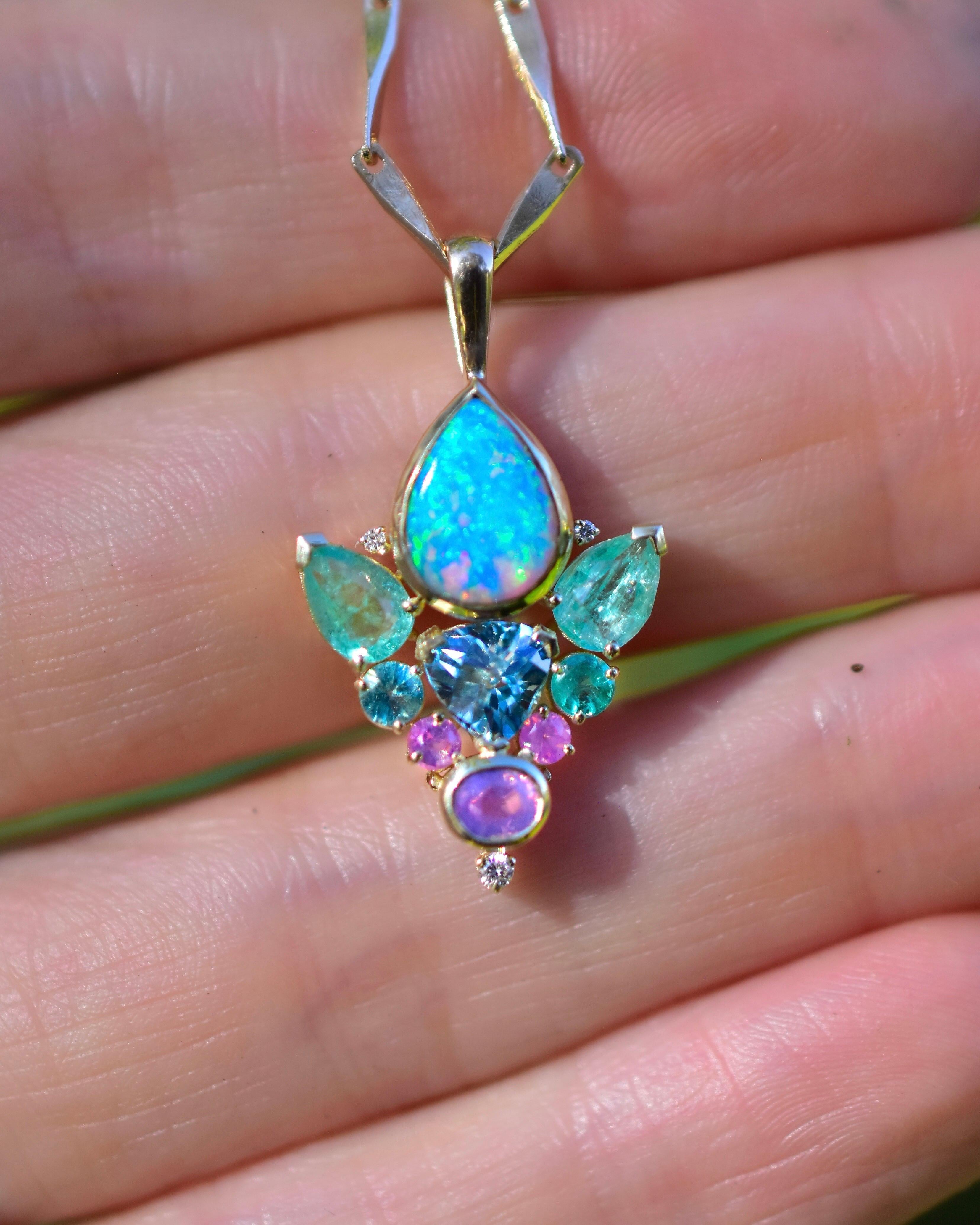 Artisan Rainbow Moonstone Opal Ring with Sapphire, Diamond & 14k Yellow Gold Talisman For Sale