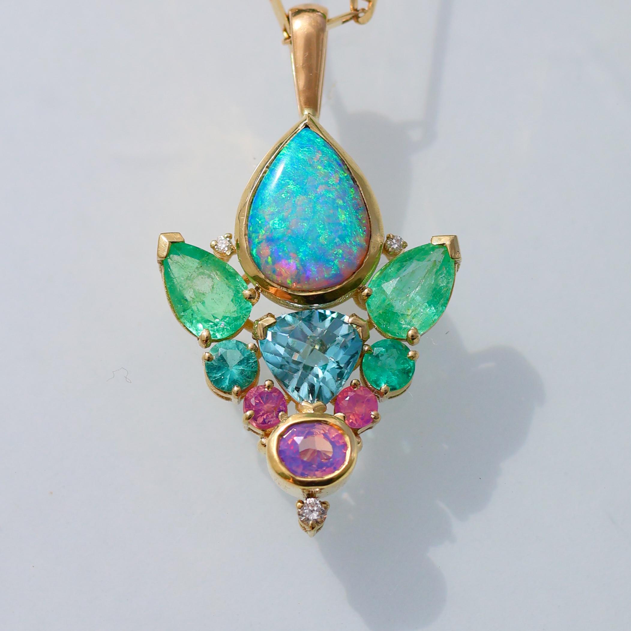 Cabochon Rainbow Moonstone Opal Ring with Sapphire, Diamond & 14k Yellow Gold Talisman For Sale