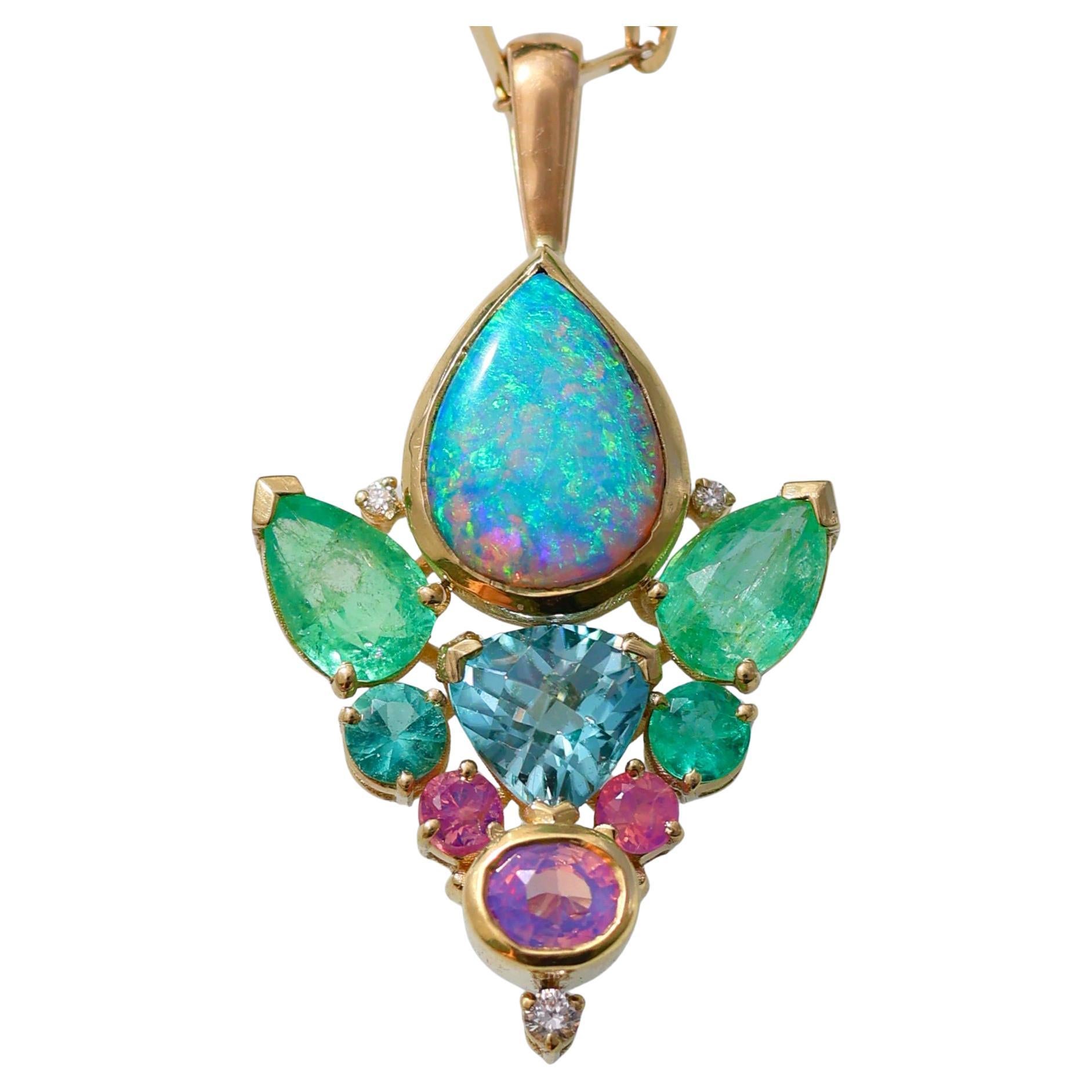 Rainbow Moonstone Opal Ring with Sapphire, Diamond & 14k Yellow Gold Talisman