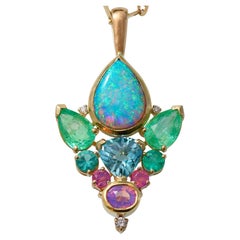 Rainbow Moonstone Opal Ring with Sapphire, Diamond & 14k Yellow Gold Talisman