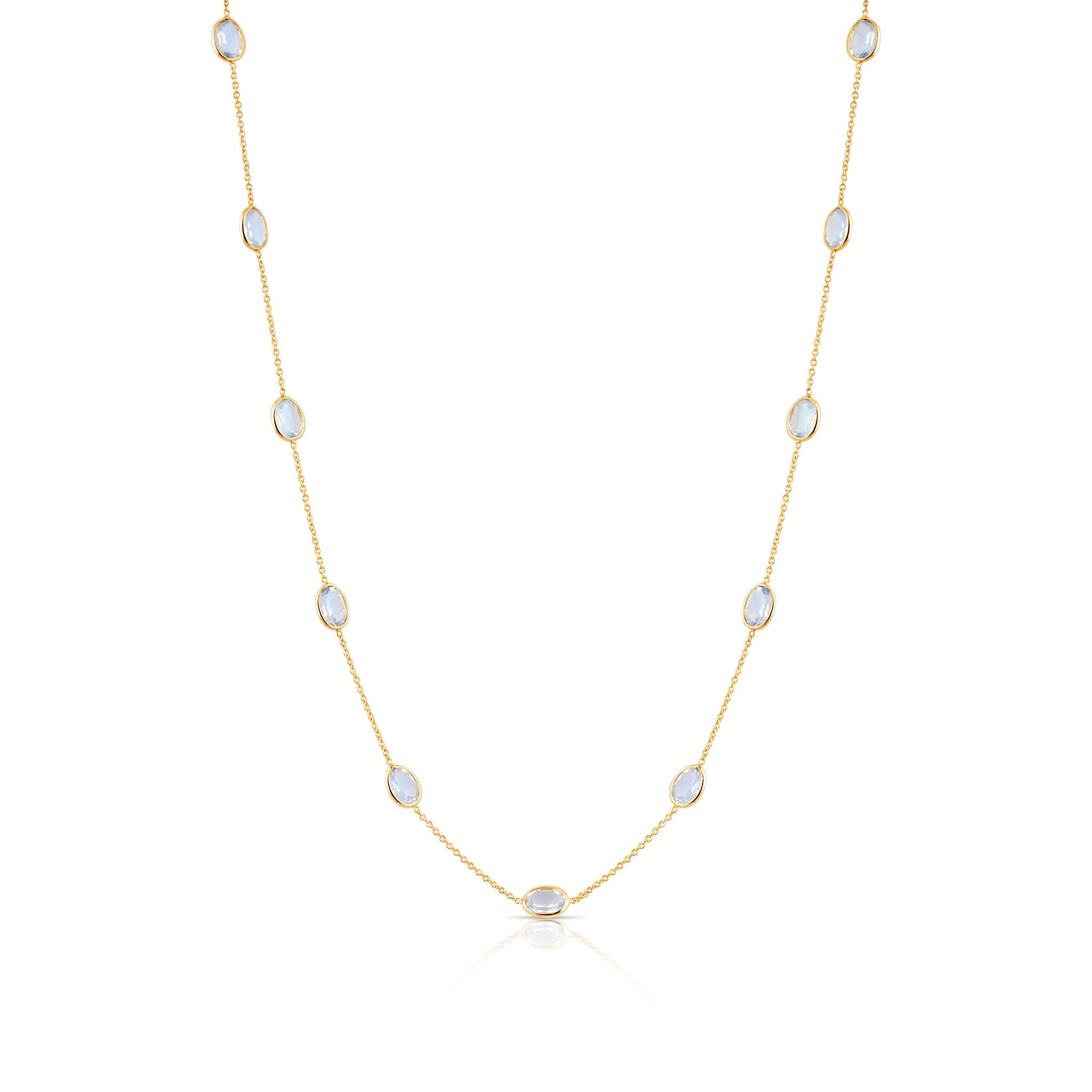 Tresor Beautiful Necklace features 8.20 carats of Rainbow Moonstone. The Necklace are an ode to the luxurious yet classic beauty with sparkly gemstones and feminine hues. Their contemporary and modern design make them versatile in their use. The
