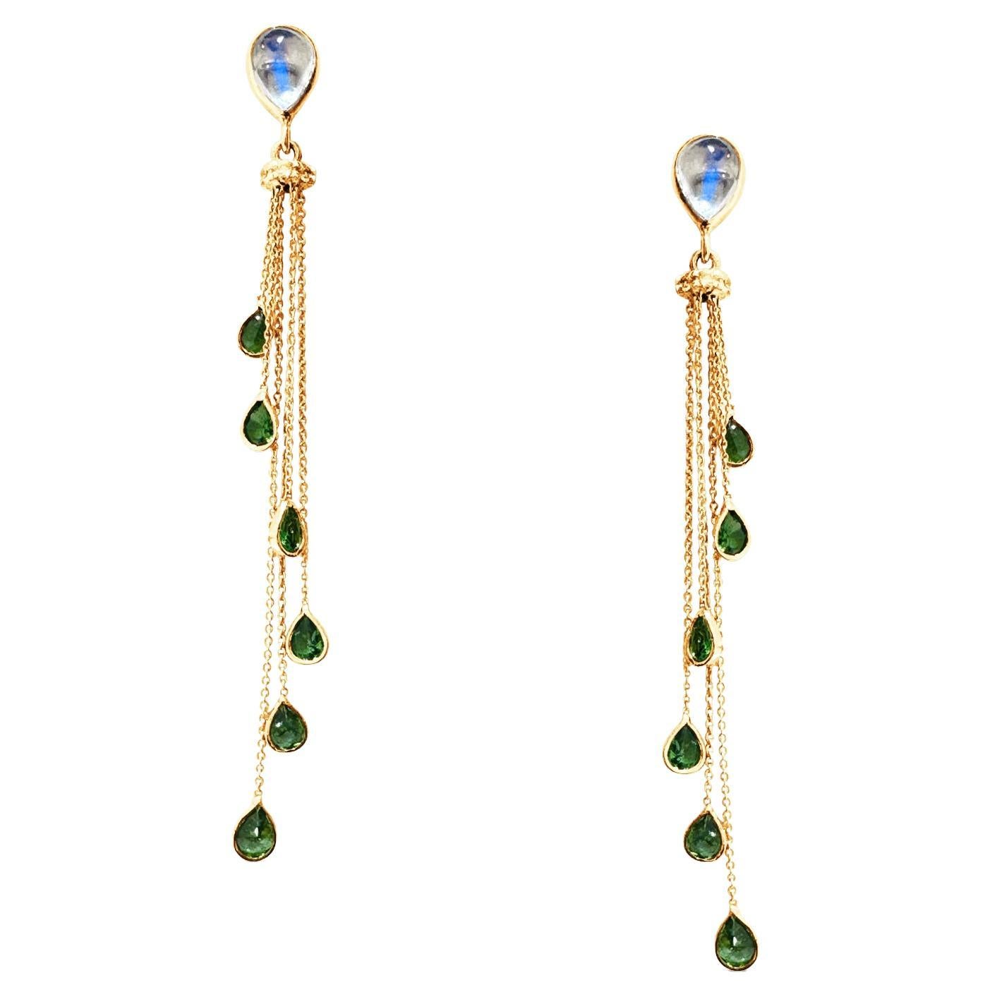 Rainbow Moonstone P/S, Emerald P/S & Diamond Earring In 18K Yellow Gold For Sale