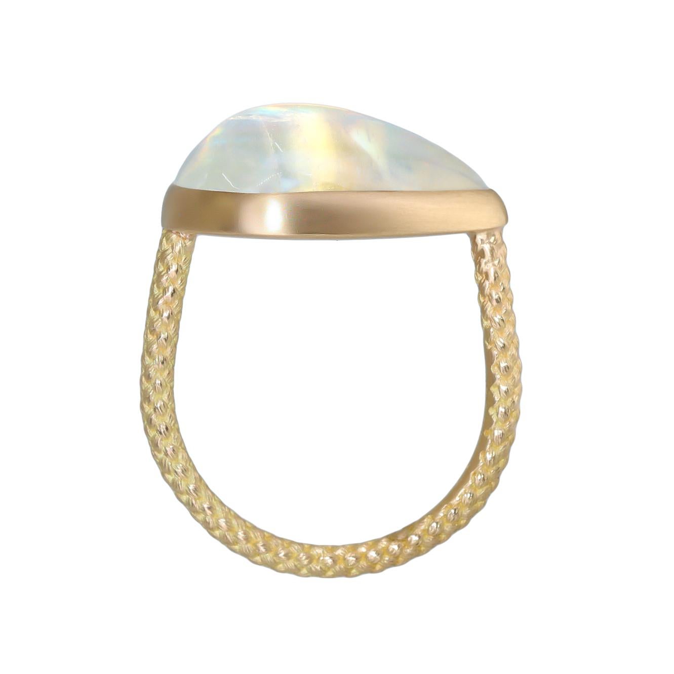 Rainbow Moonstone Pear Cabochon 22K Gold One of a Kind Ring, Talkative 2024 For Sale 3