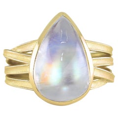 Rainbow Moonstone Pear Drop One of a Kind Gold Ribbon Ring, Barbara Heinrich