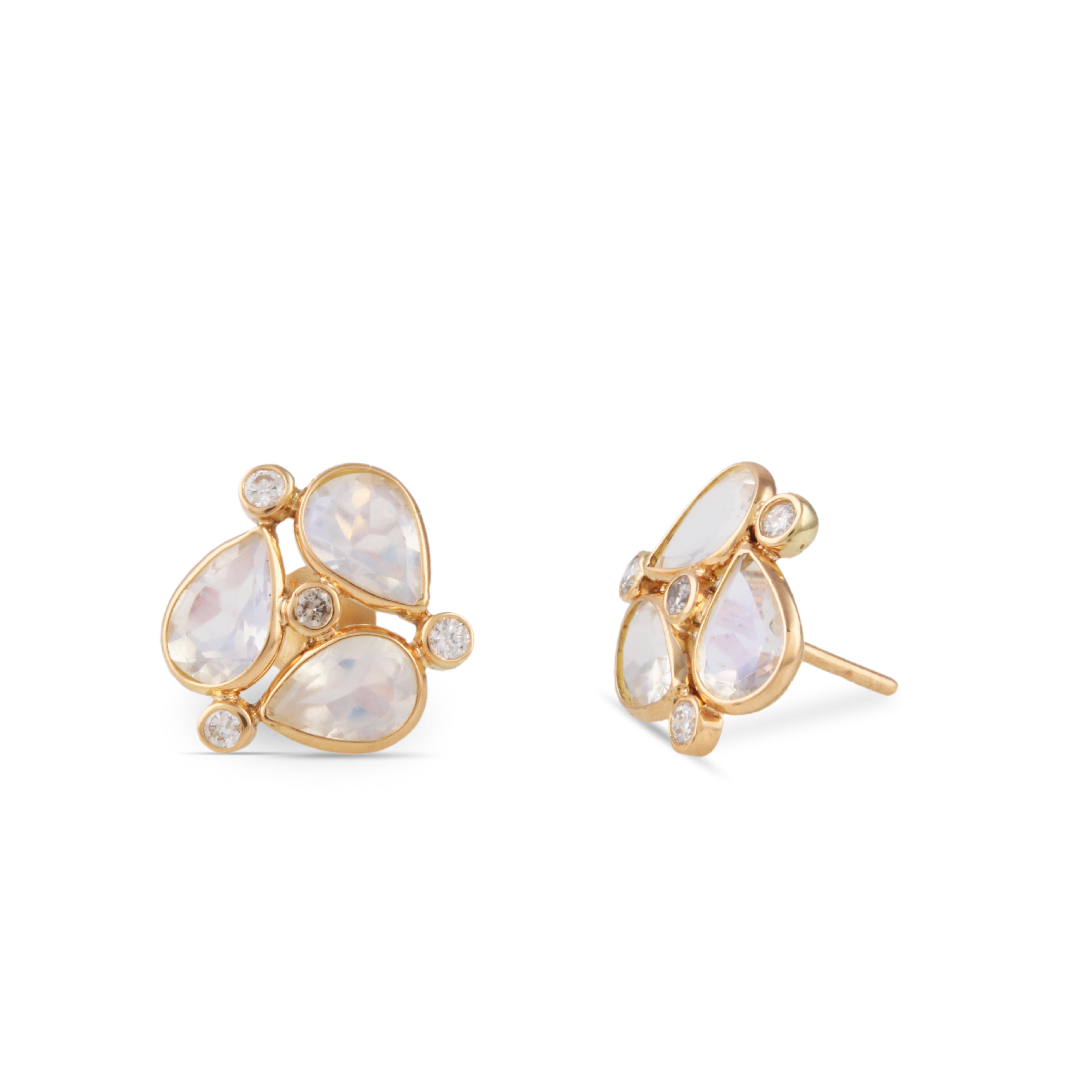 Tresor Beautiful Earring feature 3.74 carats of Rainbow Moonstone and 0.12 carats of Diamond. The Earring is an ode to the luxurious yet classic beauty with sparkly gemstones and feminine hues. Their contemporary and modern design make them perfect