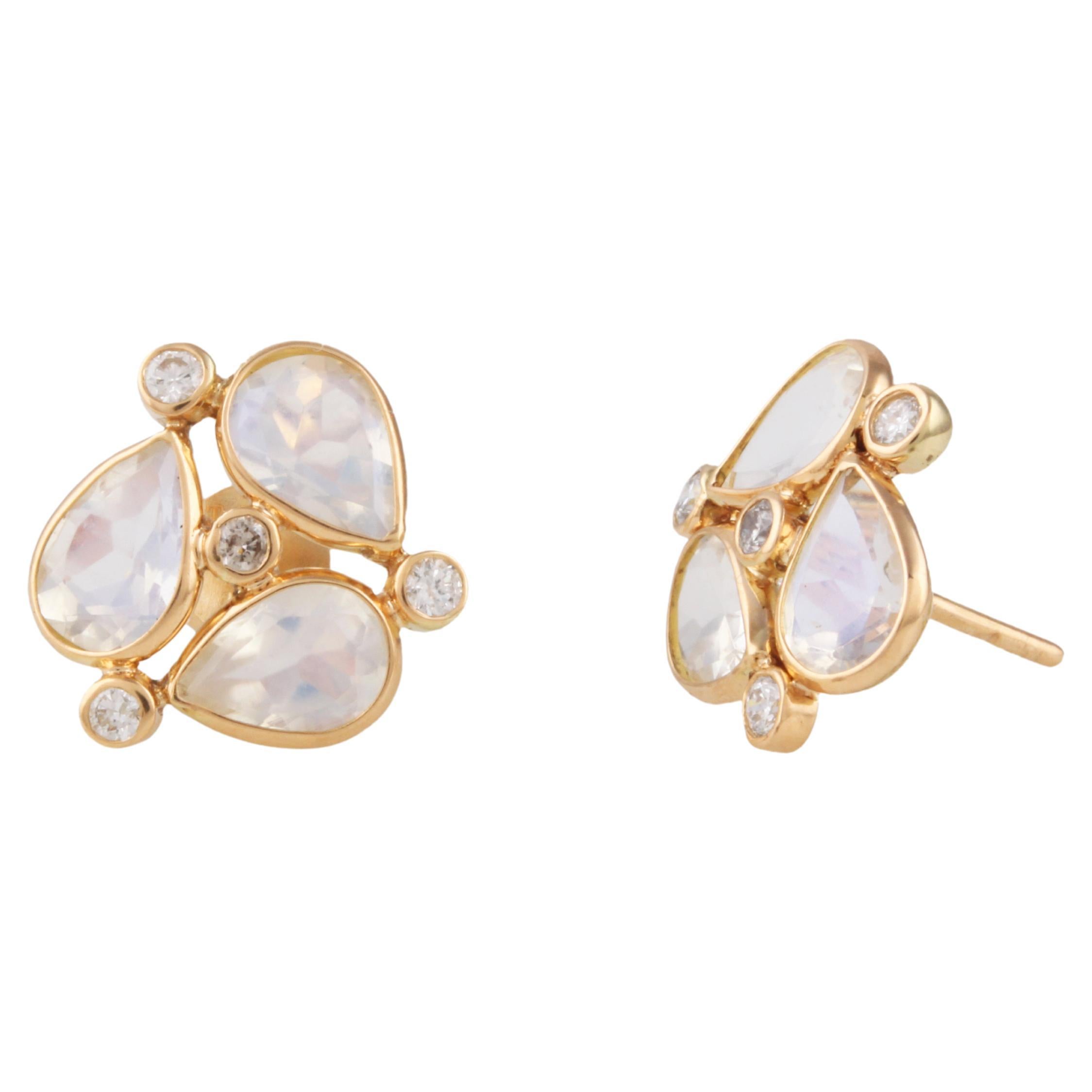 Rainbow Moonstone Pear shape & Diamond Earring In 18K Yellow Gold For Sale