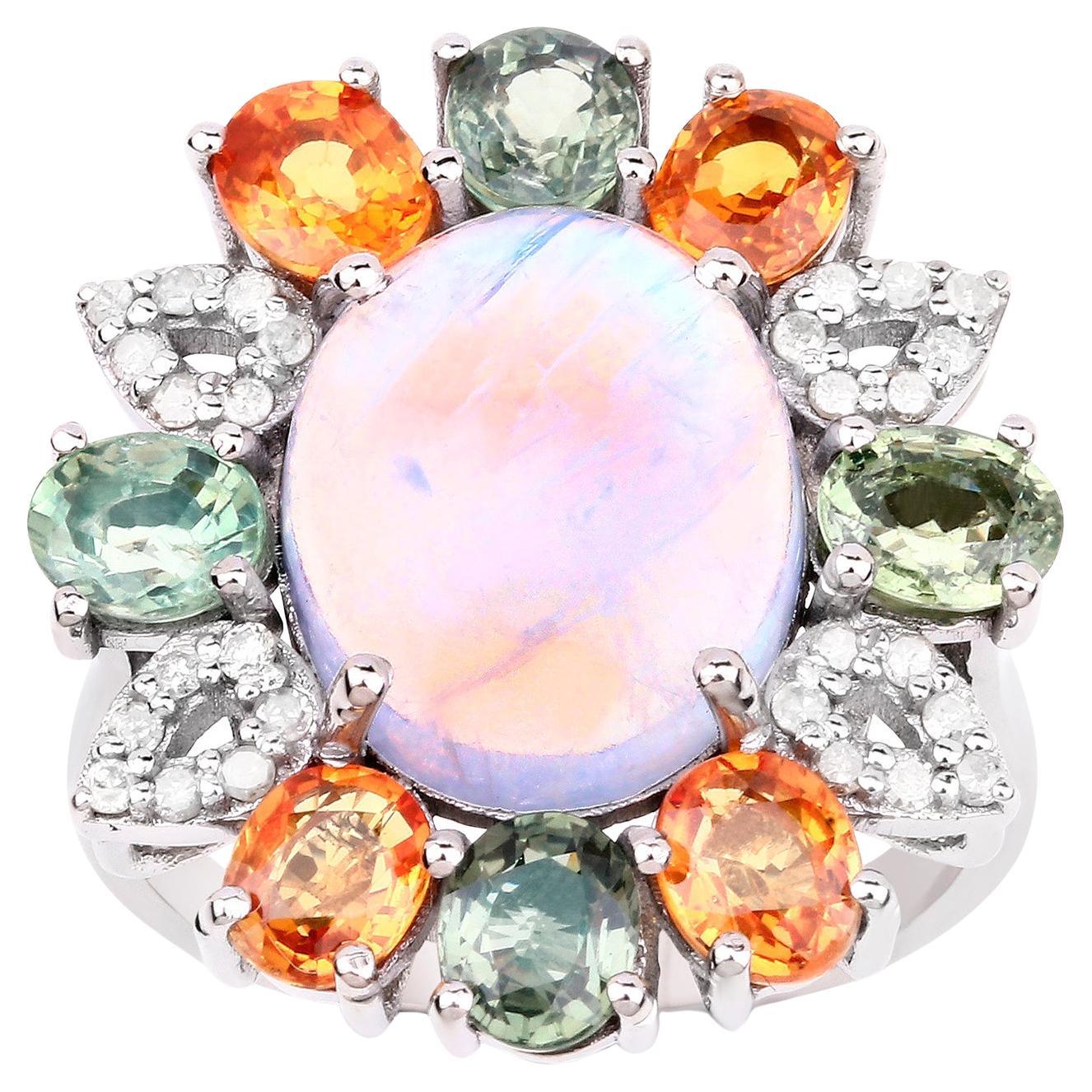 Rainbow Moonstone Ring With Multicolor Sapphires and Diamonds 9.35 Carats