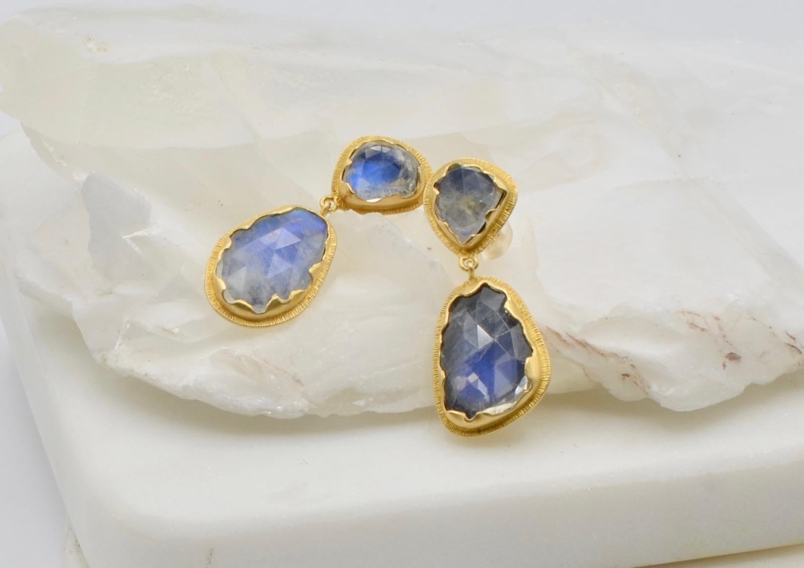 Rainbow Moonstone Rose Cut and 18 Karat Bohemian Post Earrings In New Condition For Sale In Berkeley, CA